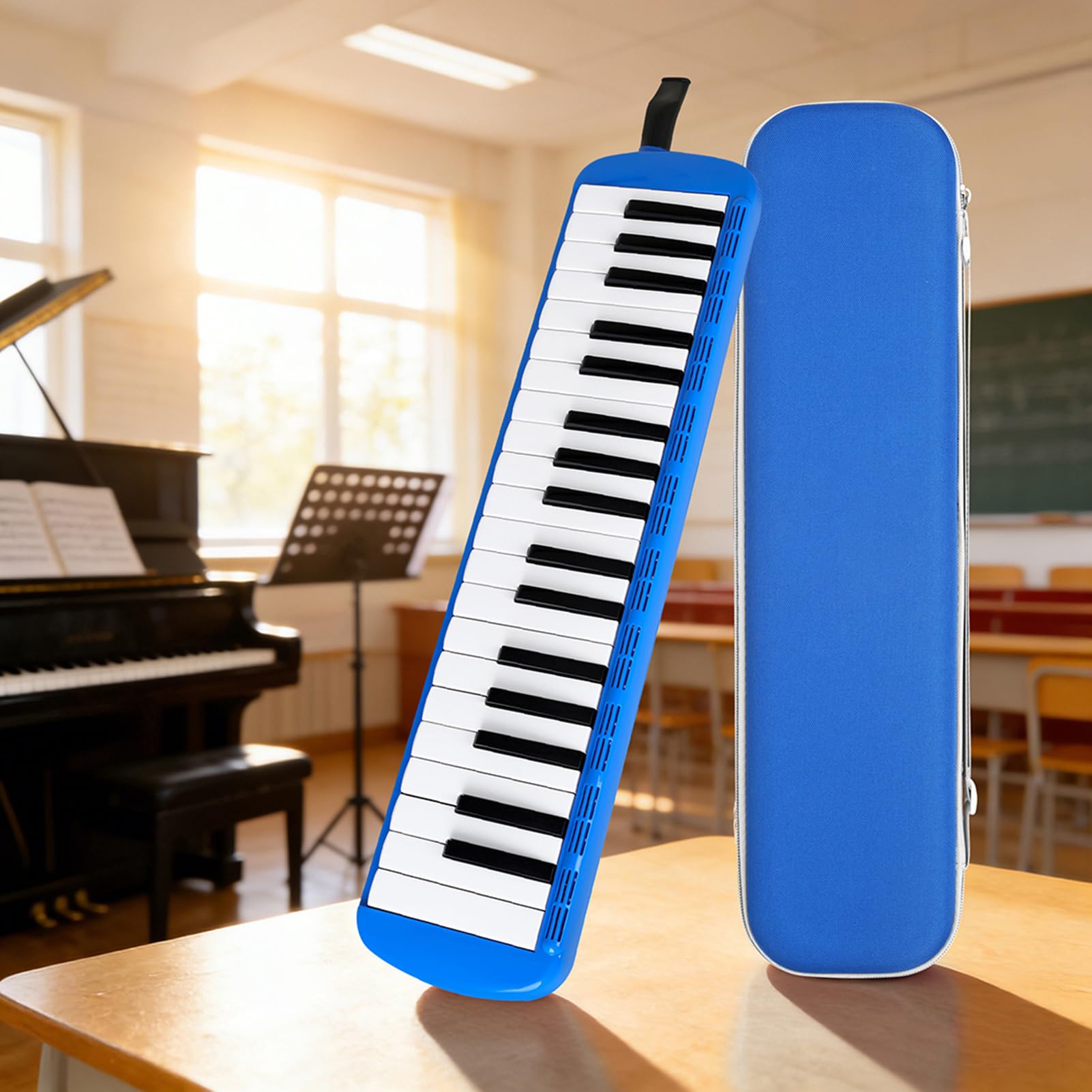 Naroote Mélodica 37 Touches, Clavier Air Piano à Double Tube avec Étui de Transport et Embouchures, Son Riche, Deux Options de Jeu, Instruments de Musique pour Enfants, Adultes (BLUE)