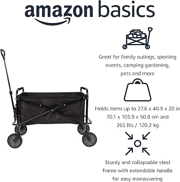 Amazon Basics Collapsible Heavy Duty Utility Wagon for Outdoor Sports, Camping, Garden, and Shopping, 265 Pounds Capacity, 27.6 x 40.9 x 20 inches, Black