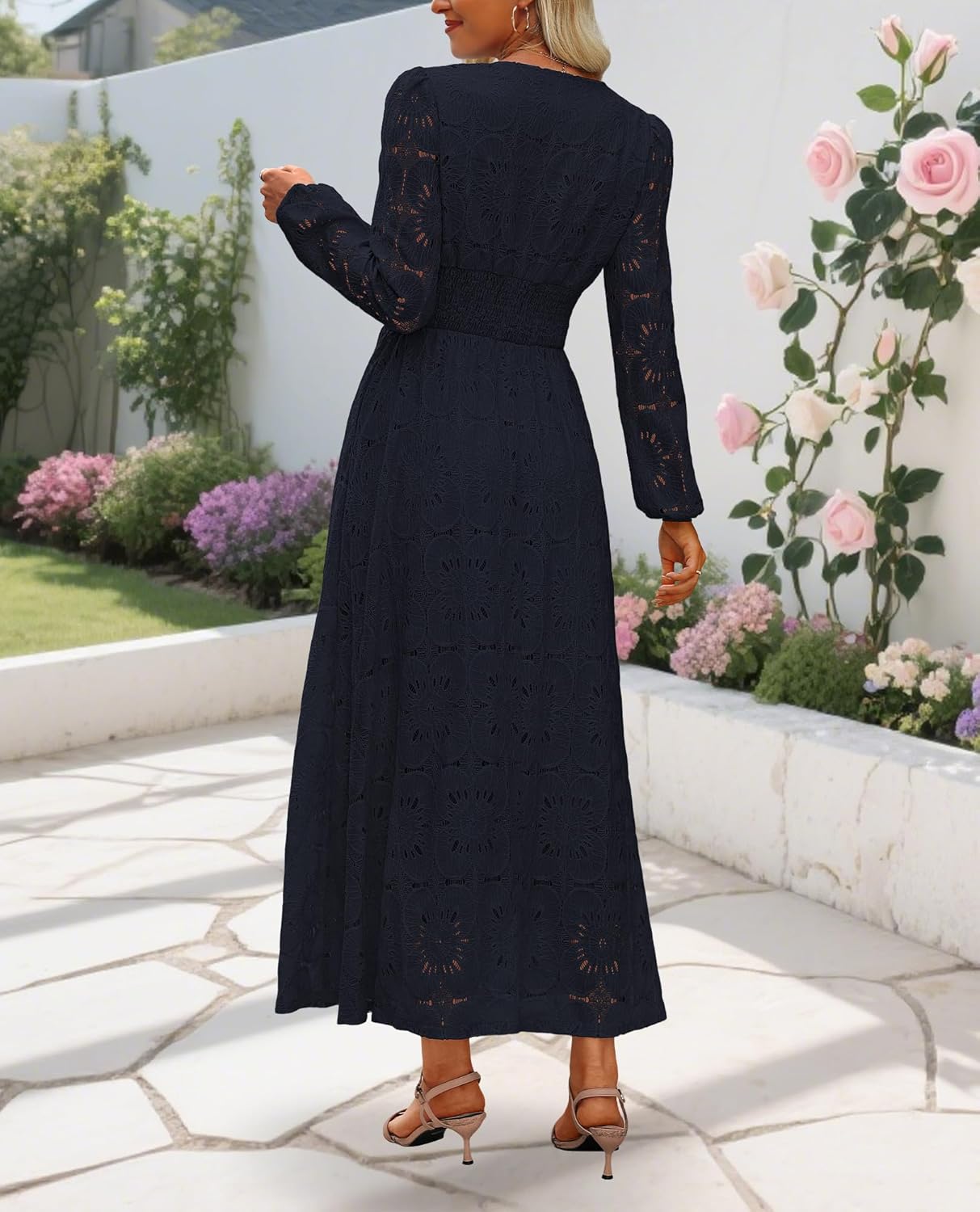 Women's Long Puff Sleeve Floral Maxi Dress V Neck Lace Eyelet Hollow Out A Line Flowy Boho Spring Wedding Guest Party Dresses - Image 4