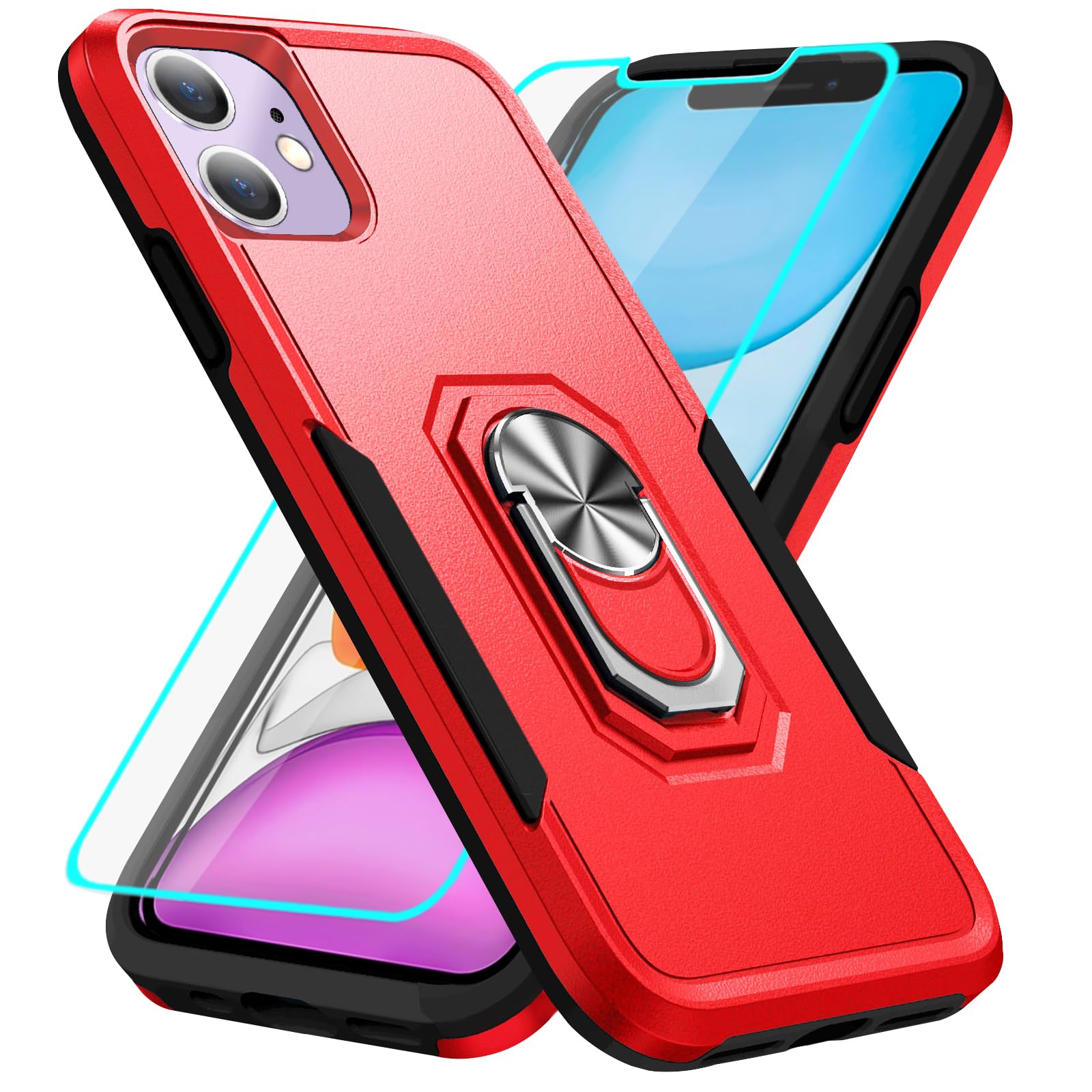 HNHYGETE for iPhone 11 Phone Case with Screen Protector: Shockproof Military-Grade Heavy Duty with Ring Kickstand Phone Case for - iPhone 11 Red