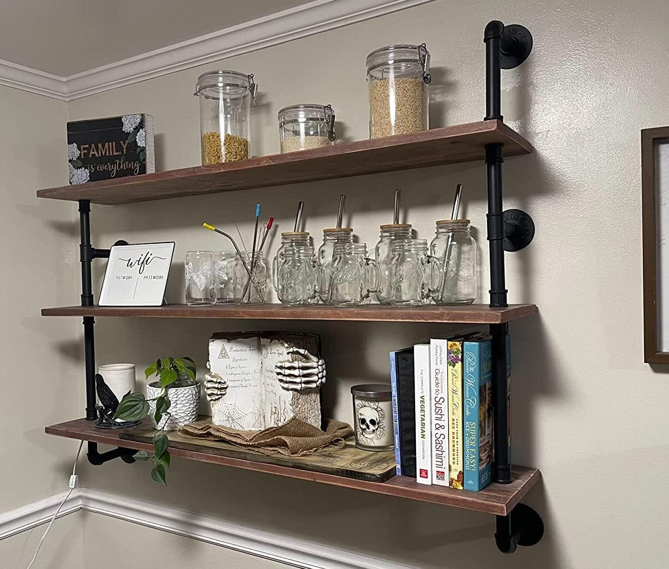 HDDFER Pipe Shelves Industrial Pipe Shelving Shelves Real Wood Industrial Floating Pipe Shelves with Wood Planks 36 inch Wall Shelves Rustic Hanging Bookshelf Farmhouse Kitchen Bar Shelving image 5
