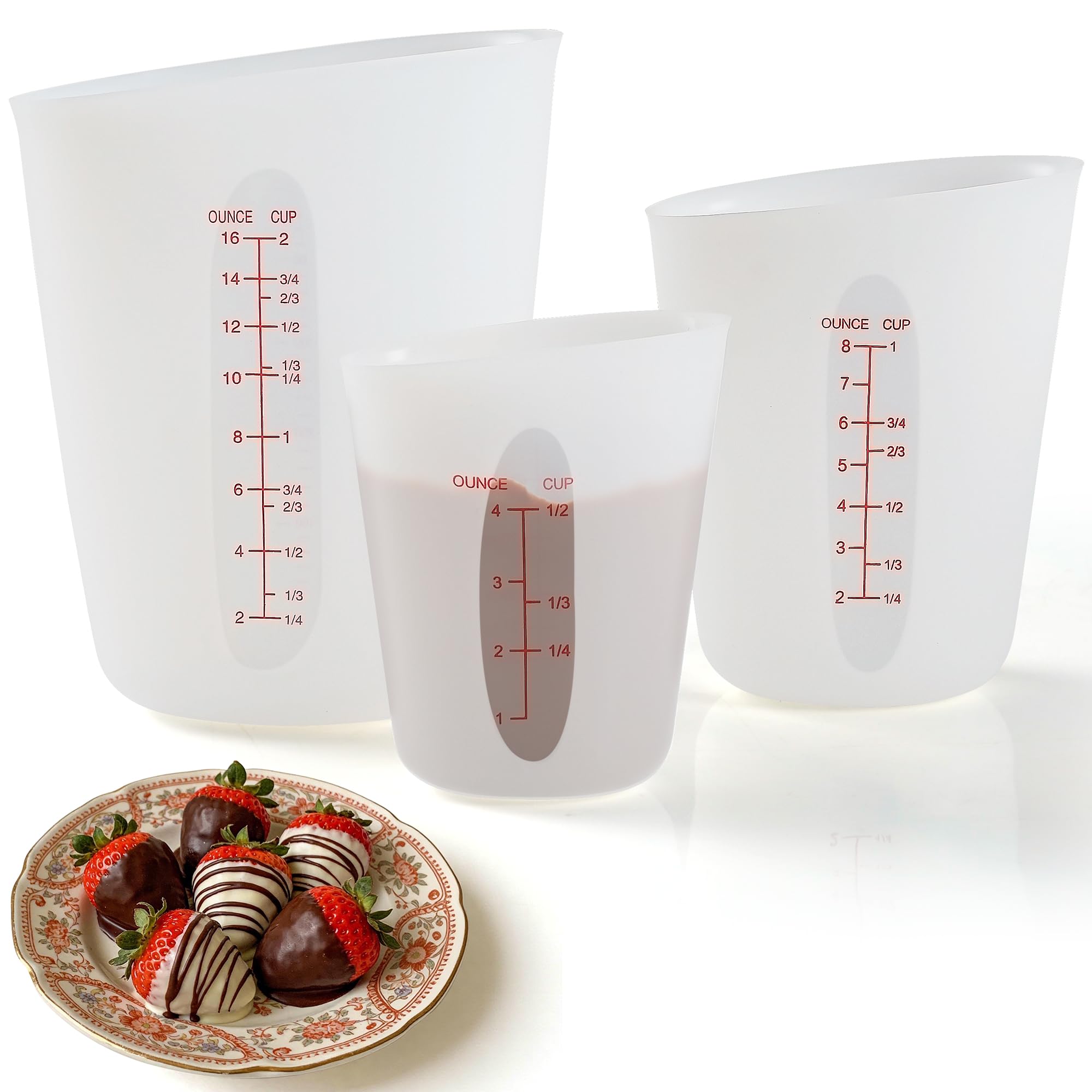 3Pcs Silicone Food-Grade Chocolate Melting Cups with Marking Ounce/Cup, Reusable Silicone Measure Mold for Diy Chocolate, Butter, Baking Supplies Chef Gifts