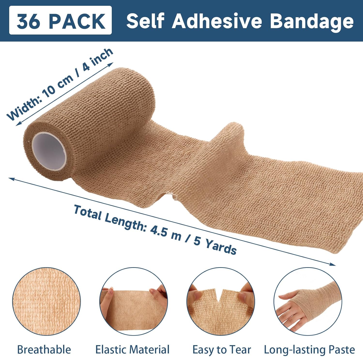 36 Pack Self Adhesive Bandage Wrap 4 Inch X 5 Yard Vet Wrap for Dogs Horses Elastic Cohesive Bandage Wrap Medical Wrap Wound Wrap for Injury First Aid Medical Sports Ankle Wrist Sprains - Nude
