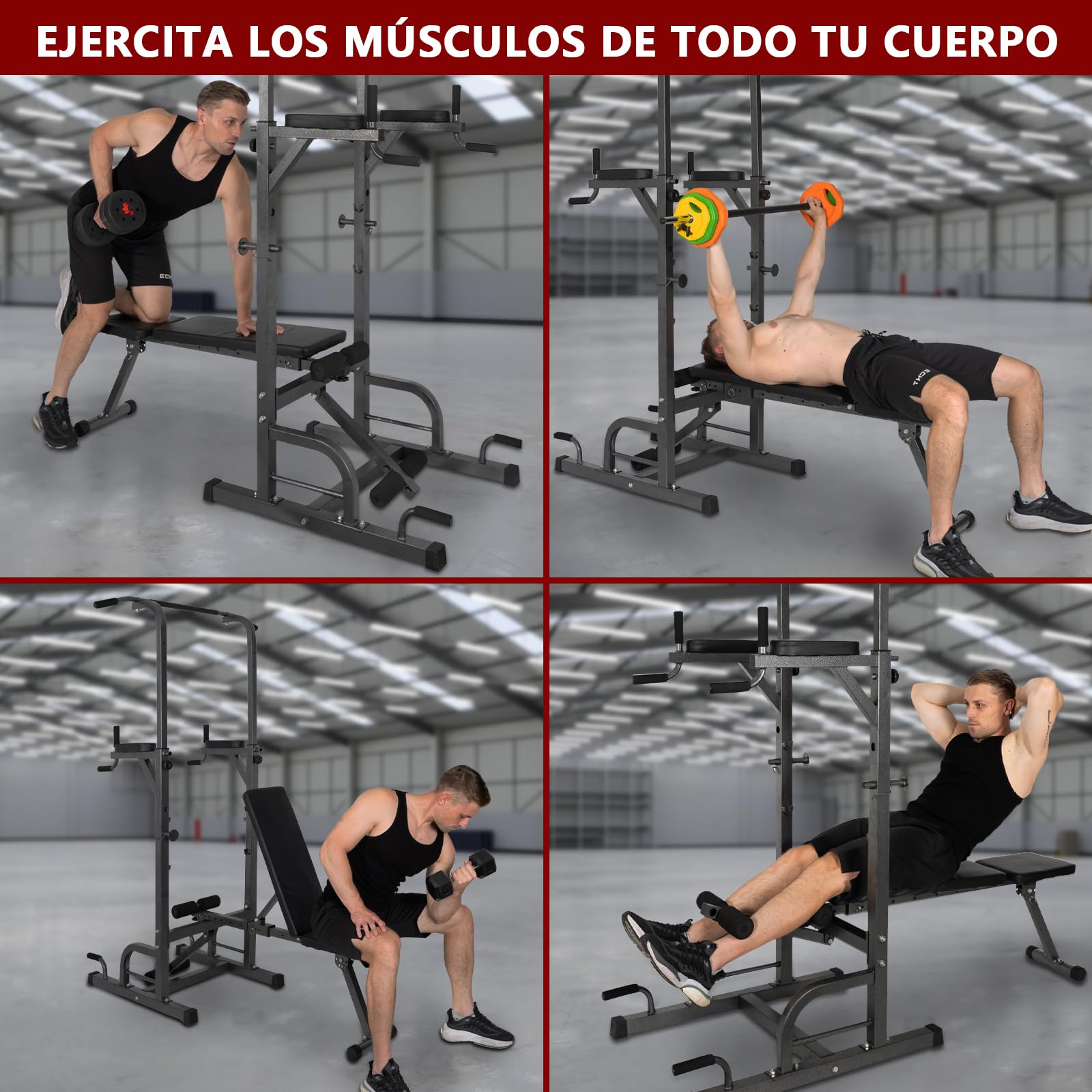 Estación de Dominadas, Maquina Dominadas Altura Ajustable, Máquina de Musculación con Banco de Pesas Plegable, Estación de Musculación para Fitness en Casa Gimnasio