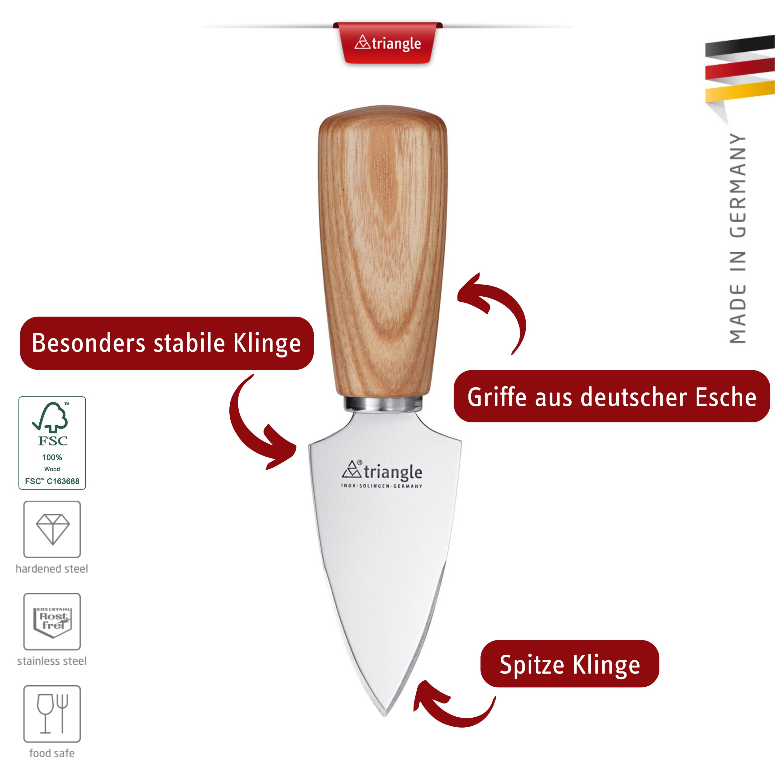 triangle Parmesanmesser-Set Soul, 2-tlg. - Made in Germany | Käsemesser aus FSC-zertifizierter Esche mit Edelstahlklinge - spitze und gerade Klinge im Set