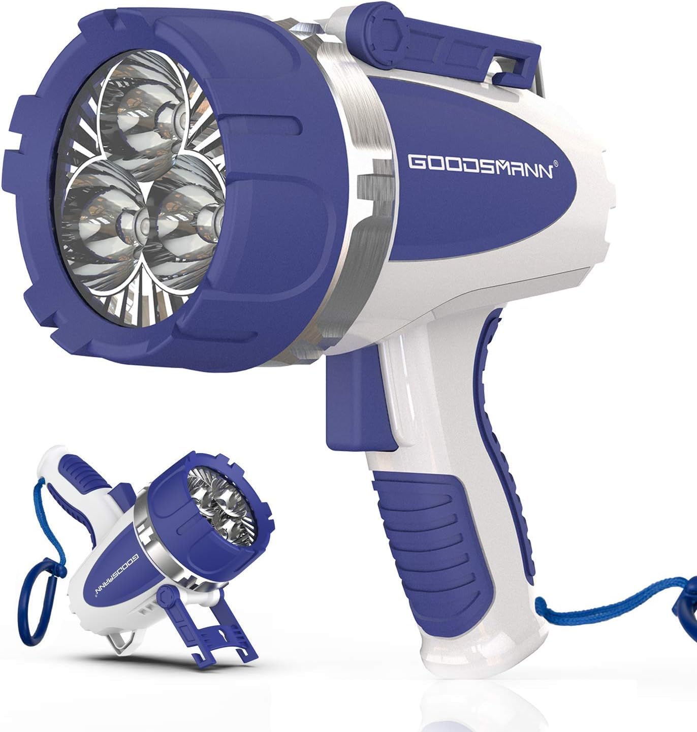 GOODSMANN Rechargeable Handheld Spotlight LED Boat Waterproof Spot Light Searchlight up to 3000 Lumen Portable Marine Flashlight with USB Adapter Car