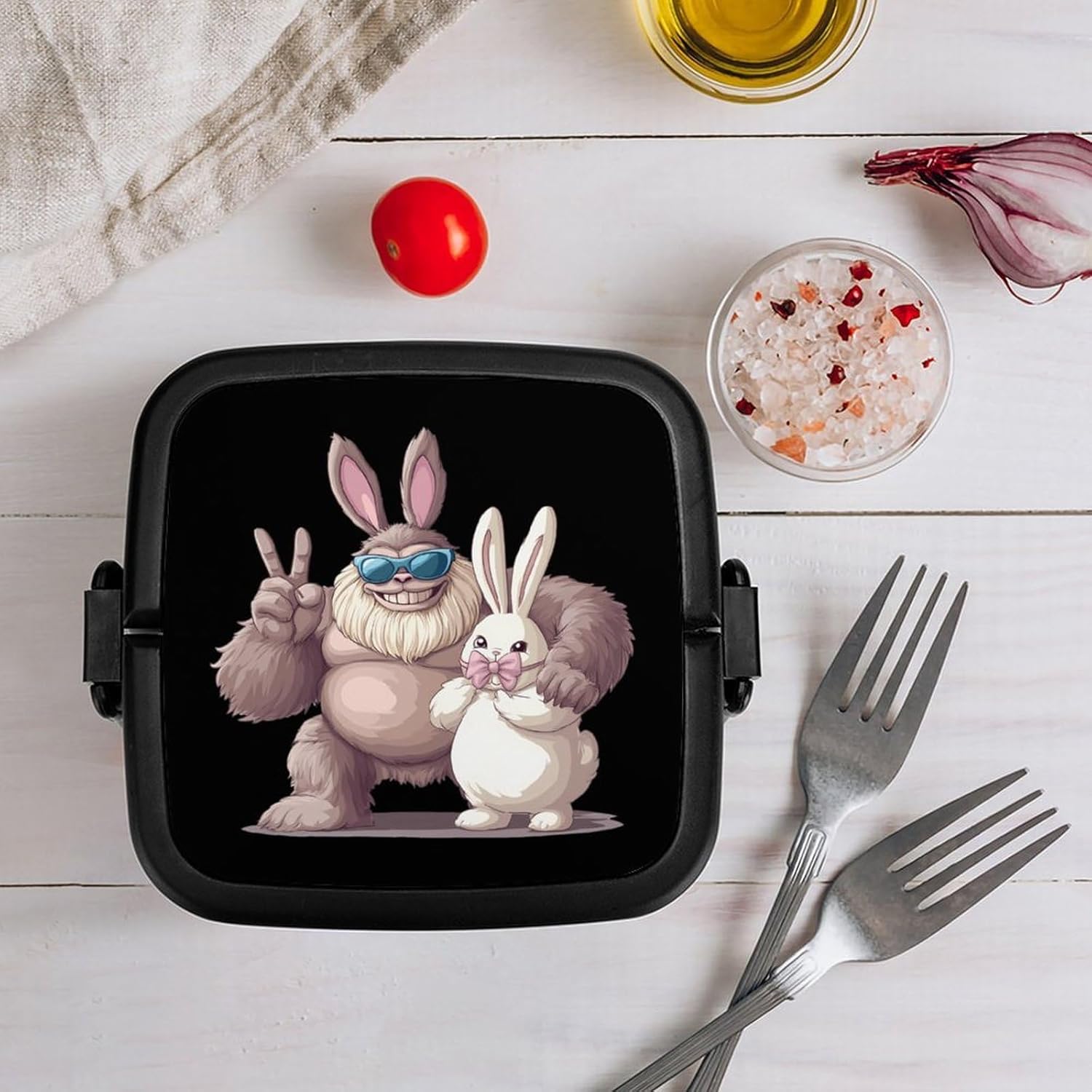 Bigfoot Bunny Easter Day Sasquatch Bento Box with Spoon 2 Layer Food Container Cute Lunch Box for Travel Dining Work