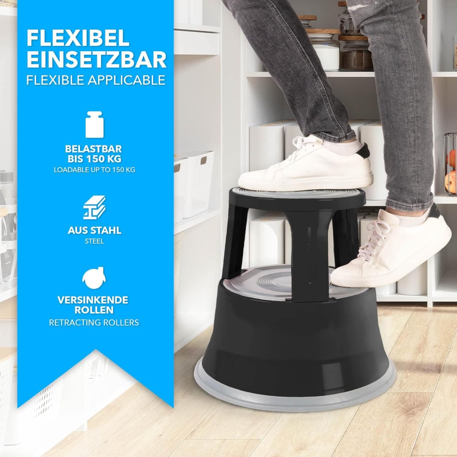 Sgabello A Rotelle In Acciaio Con Ruote Autoserranti – Altezza 40 Cm, Portata 150 Kg, Certificato TÜV GS, Modello Elefante Grigio