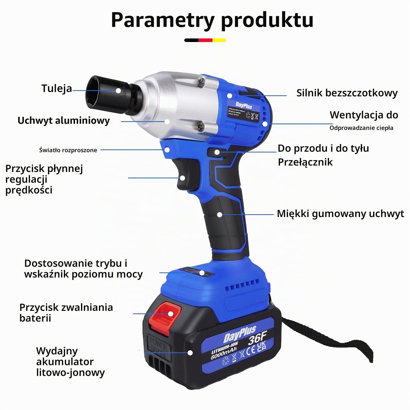 Akumulatorowa wkrętarka udarowy, pistolet 1/2, 3 w 1, bezszczotkowa elektryczna wkrętarka 420 NM, 2300 obr./min, klucz płaski z akumulatorem 6,0 Ah i ładowarką