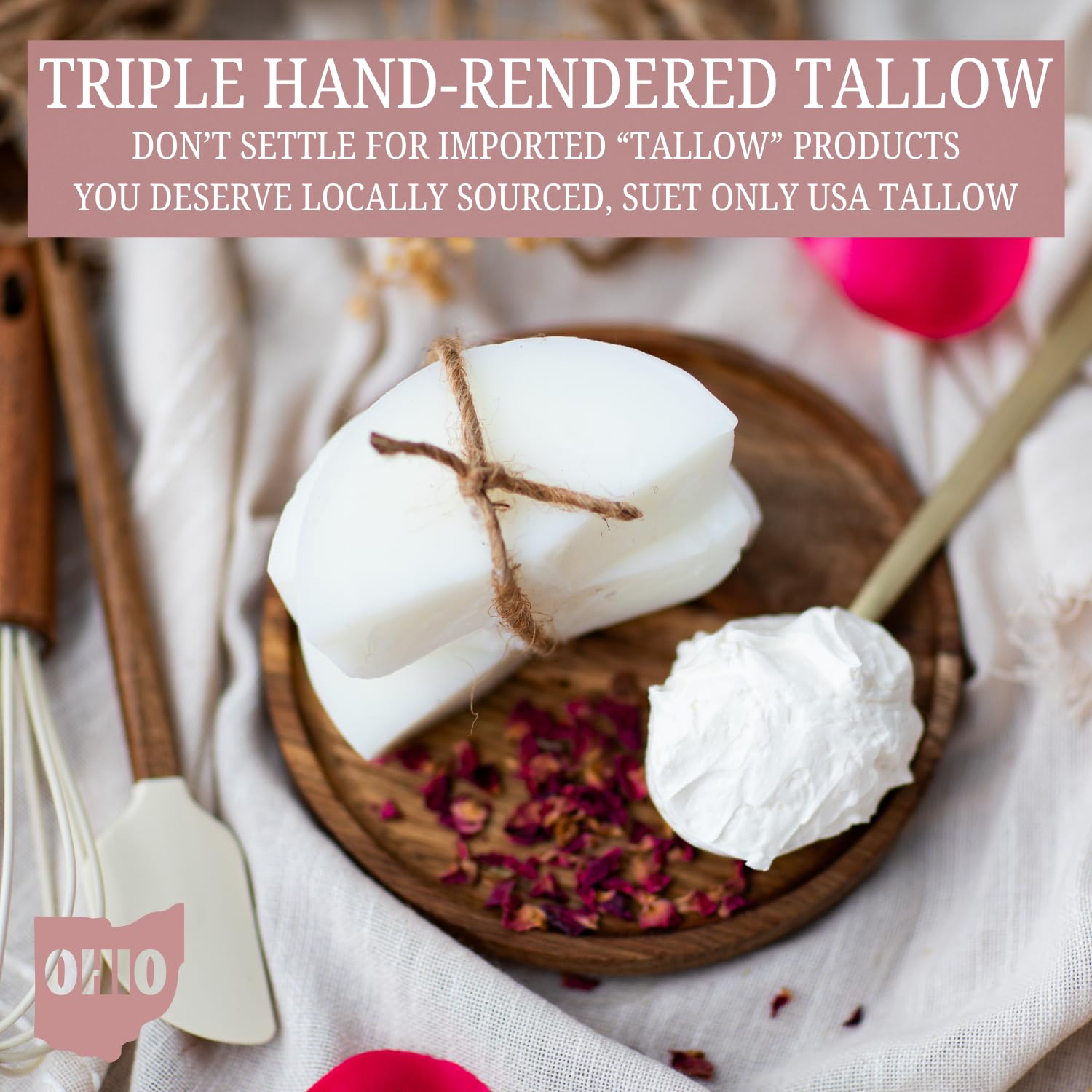 Rose-infused 100% Grass-Fed Whipped Tallow Balm-Organic Raw Manuka Honey & Organic Jojoba Oil, Rosehip Oil, Face and Body Moisturizer for Dry, Sensitive Skin, Eczema (Honey Rose)