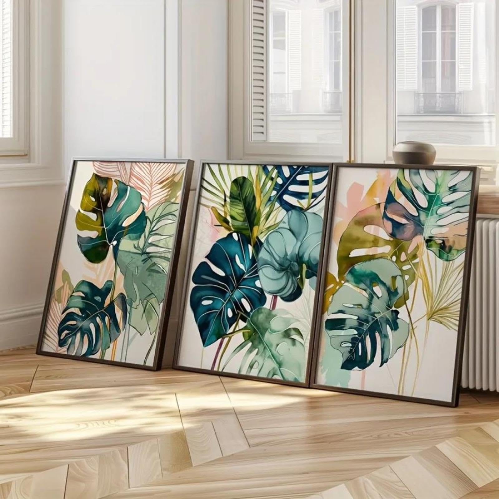 Baibexing Abstract Watercolor Green Palm Tropical Leaf Canvas Painting Poster And Prints Wall Art Picture For Office Living Room Home Decor 30X40Cmx3Pcs Unframed
