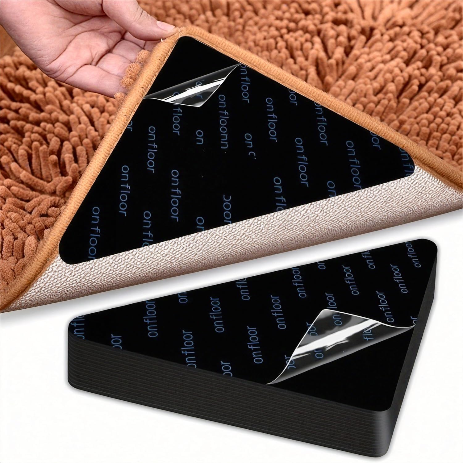 8 Pcs Non Slip Rug Grippers, Triangle Design Dual-Sided Adhesive Pads for Hardwood Floors and Tiles, Reusable Washable to Keep Corners Flat (Black)