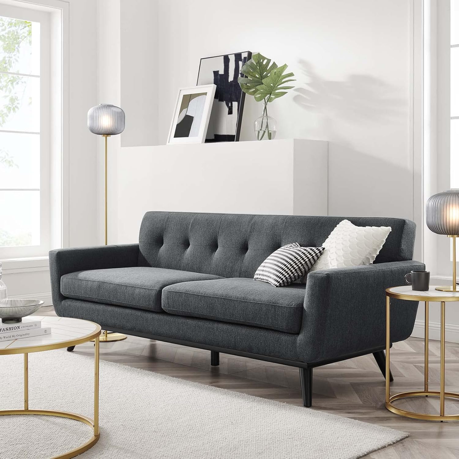 Modway Engage Mid-Century Modern Herringbone Fabric Sofa in Charcoal