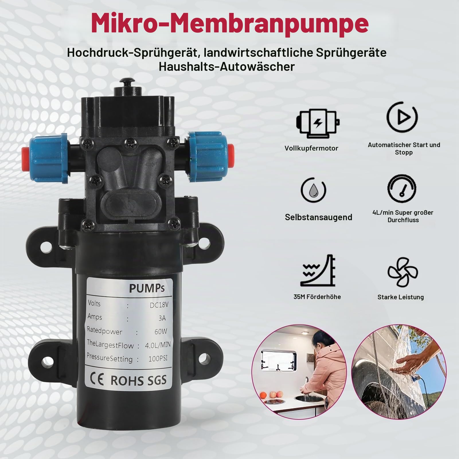 DEWIN Membranpumpe, 18V 60W Mikromembran-Rückflusswasserpumpe automatischer Schalter 4l/min Hochdruck-Wassersprüher