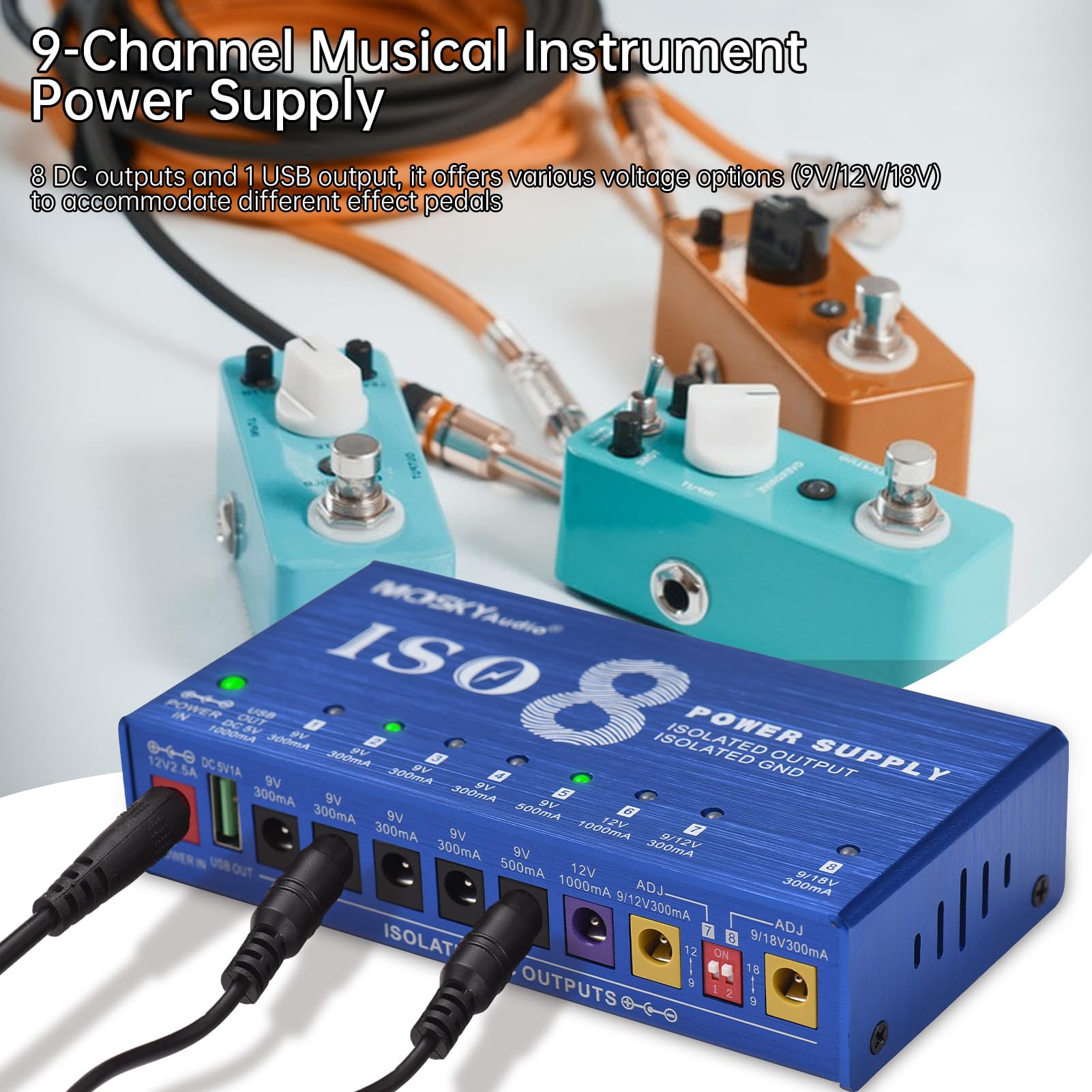 Btuty Alimentatore Per Strumenti Musicali A 9 Canali Con Protezione Indipendente Da Cortocircuito Indicatore Di Alimentazione A Led 8 Uscite CC E 1 Uscita Usb Per Pedale Effetto Chitarra