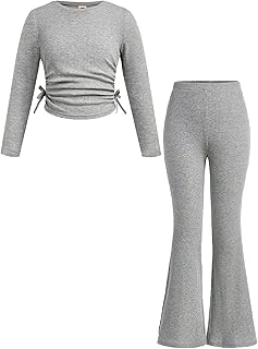 Casual & Stylish Ruched Long Sleeve Top with Flared Leggings Set for Kids