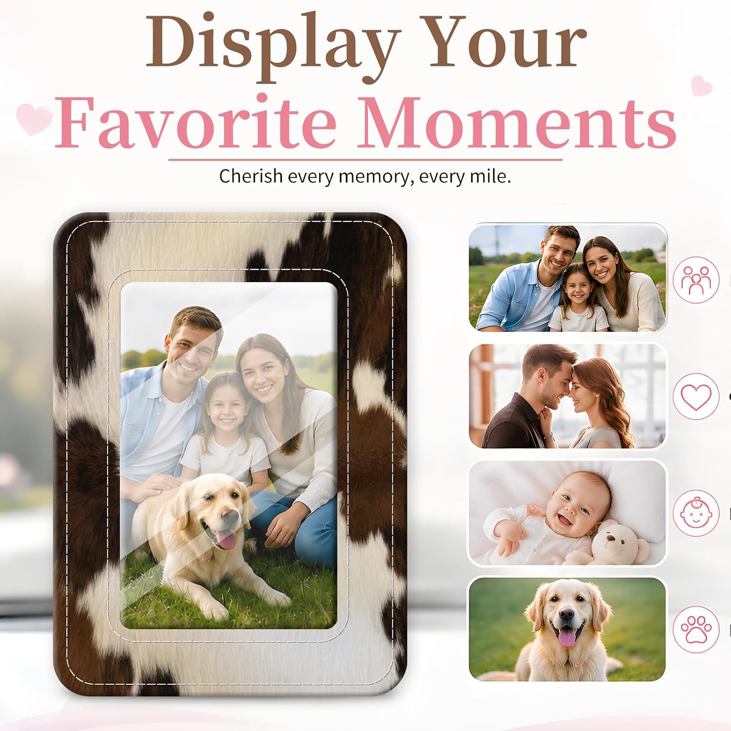 Leather Car Picture Holder and Visor Photo Clip, Cute Car Photo Holder Display Visor Photo Frame Vertical, fit 2.36"x3.54" Photo Cow Print image 3