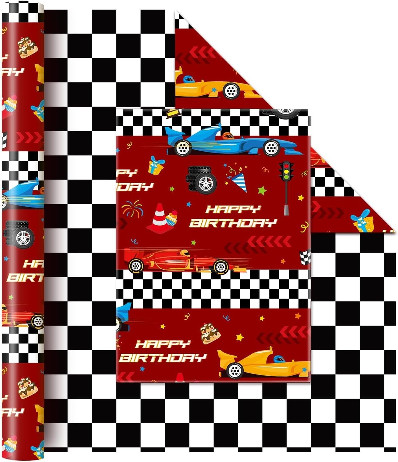 WERNNSAI Race Car Wrapping Paper - 1 Roll 17โ x 33 ft Racing Cars Wrapping Paper Roll Plaid Jumbo Roll for Boys Birthday Kids Racing Car Party Gift Packing Favor Gift Wrap Checkered Design