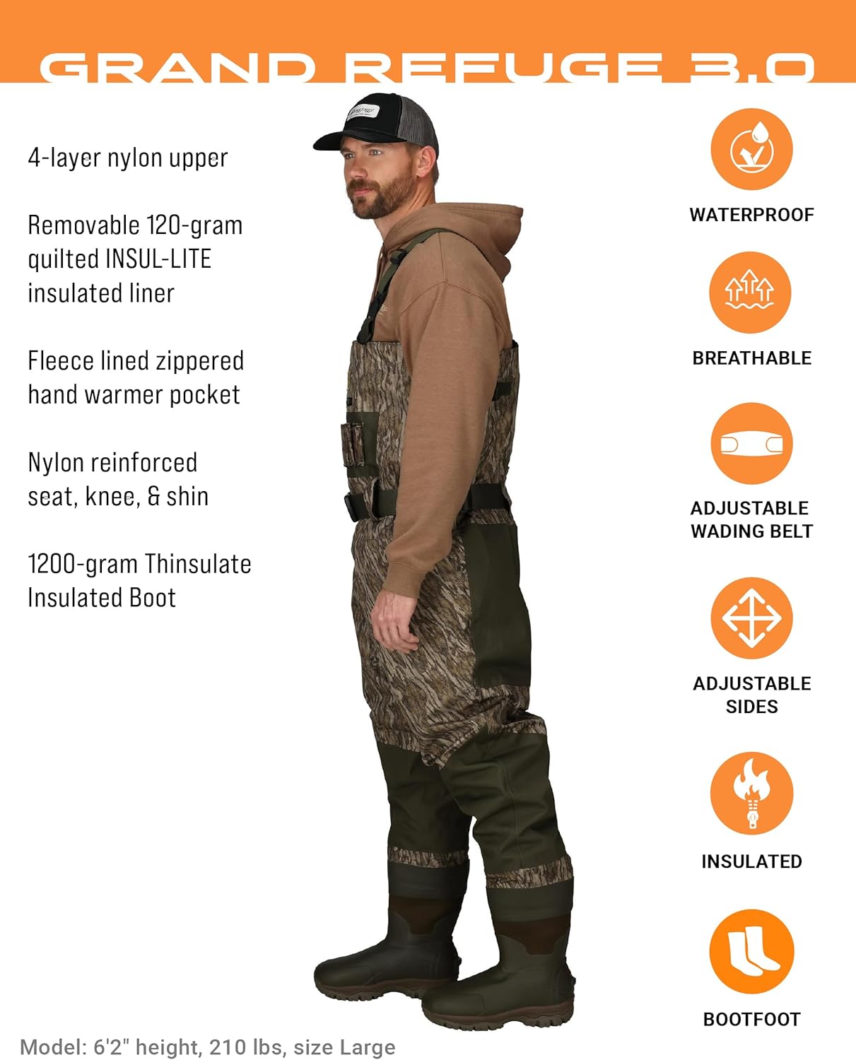 FROGG TOGGS Men's Grand Refuge 3.0 Waterproof Bootfoot Wader for Hunting with Removable Insulation Liner - Slim FIT