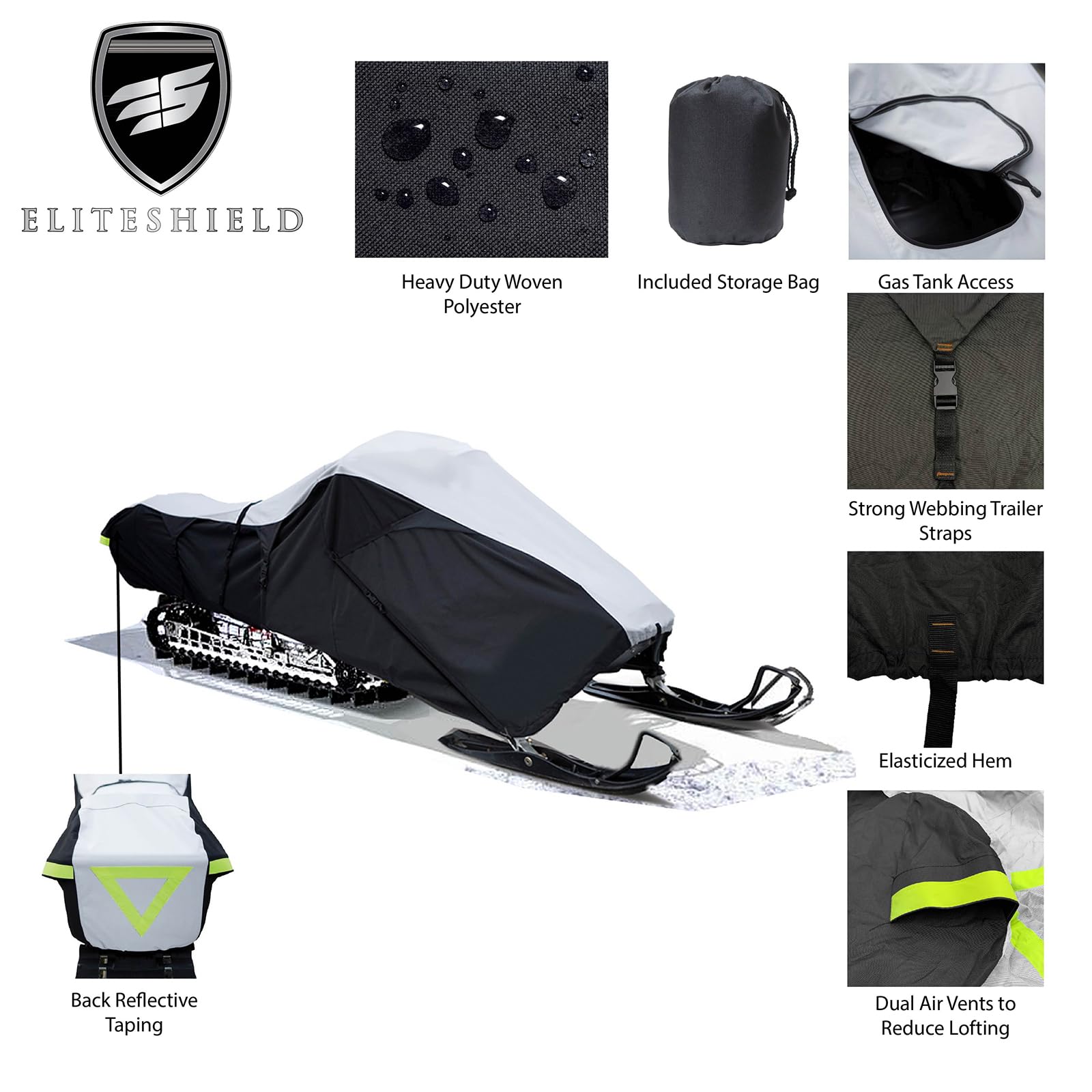 EliteShield SnowShield Snowmobile Cover, Heavy Duty Trailerable Snowmobile Storage Cover, Compatible with Polaris Ski Doo Arctic Cat Yamaha and More, Gray/Black Color Fits Snowmobiles 101