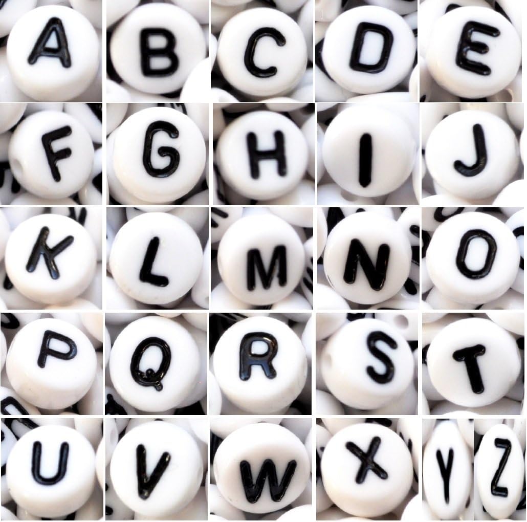 100 pcs Alphabet Letter Beads, Flat Round, 7x4 mm, Single Letter (White Single M)