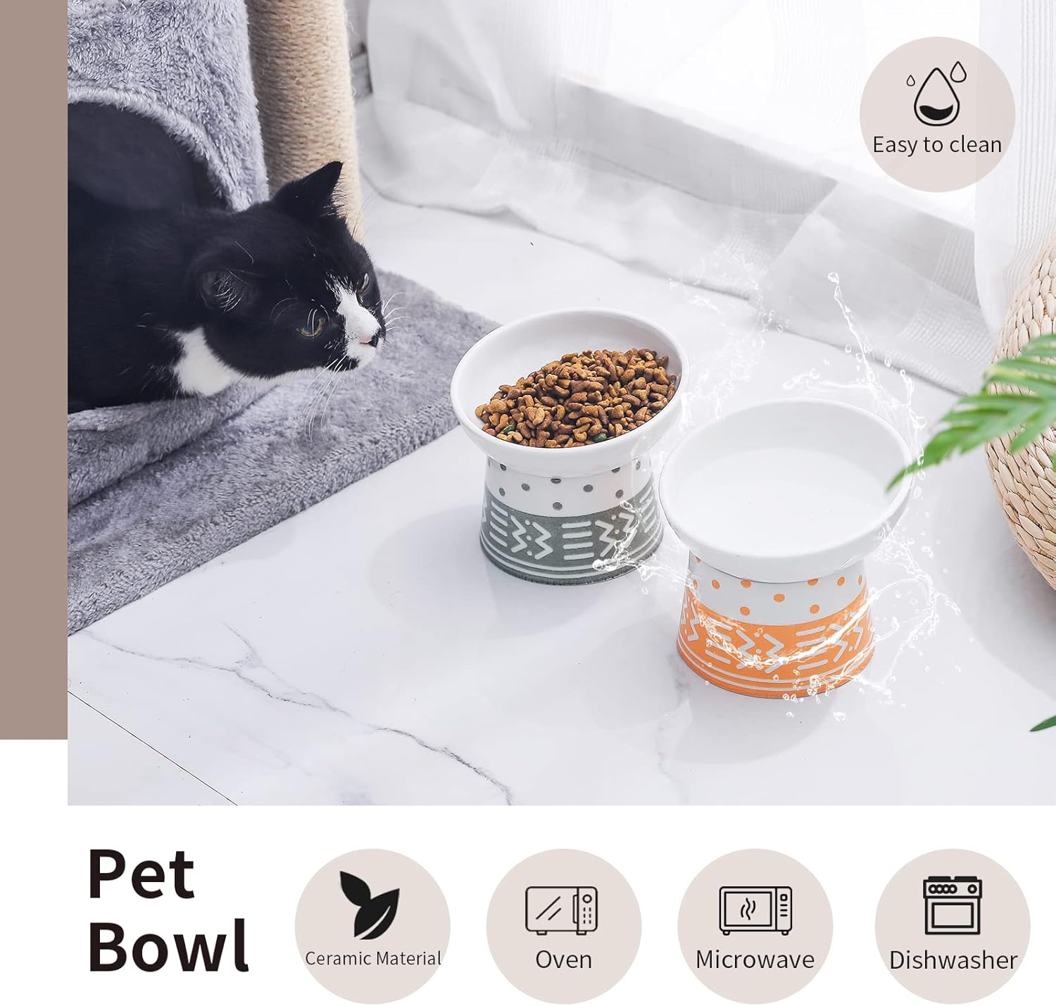 WUHOSTAM Tilted Ceramic Raised Cat Bowls, 8 Ounce Elevated Slanted Food Bowls Set, 5 Inch Porcelain Pet Feeder Dish, Reduce Vomiting, Protect Pet's Spine, Backflow Prevention, Set of 2(Grey&Orange)