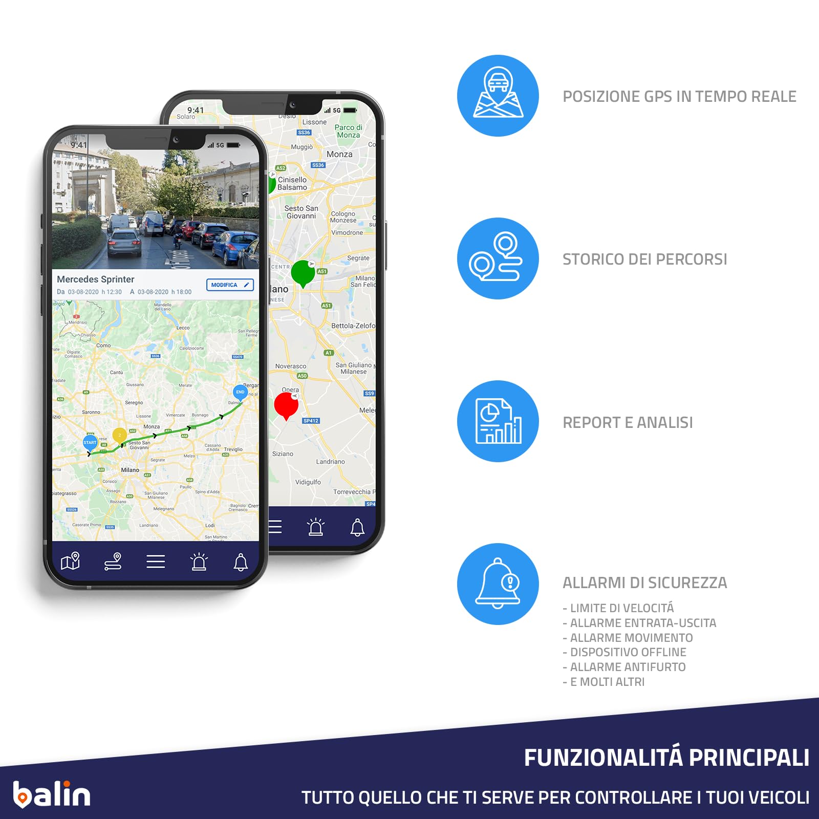 Balin.app - New Localizzatore GPS 4G professionale per veicoli, con SIM card e traffico dati, tutto incluso. Dispositivo già configurato e pronto all'uso. Controlla i veicoli da Portale Web e App.