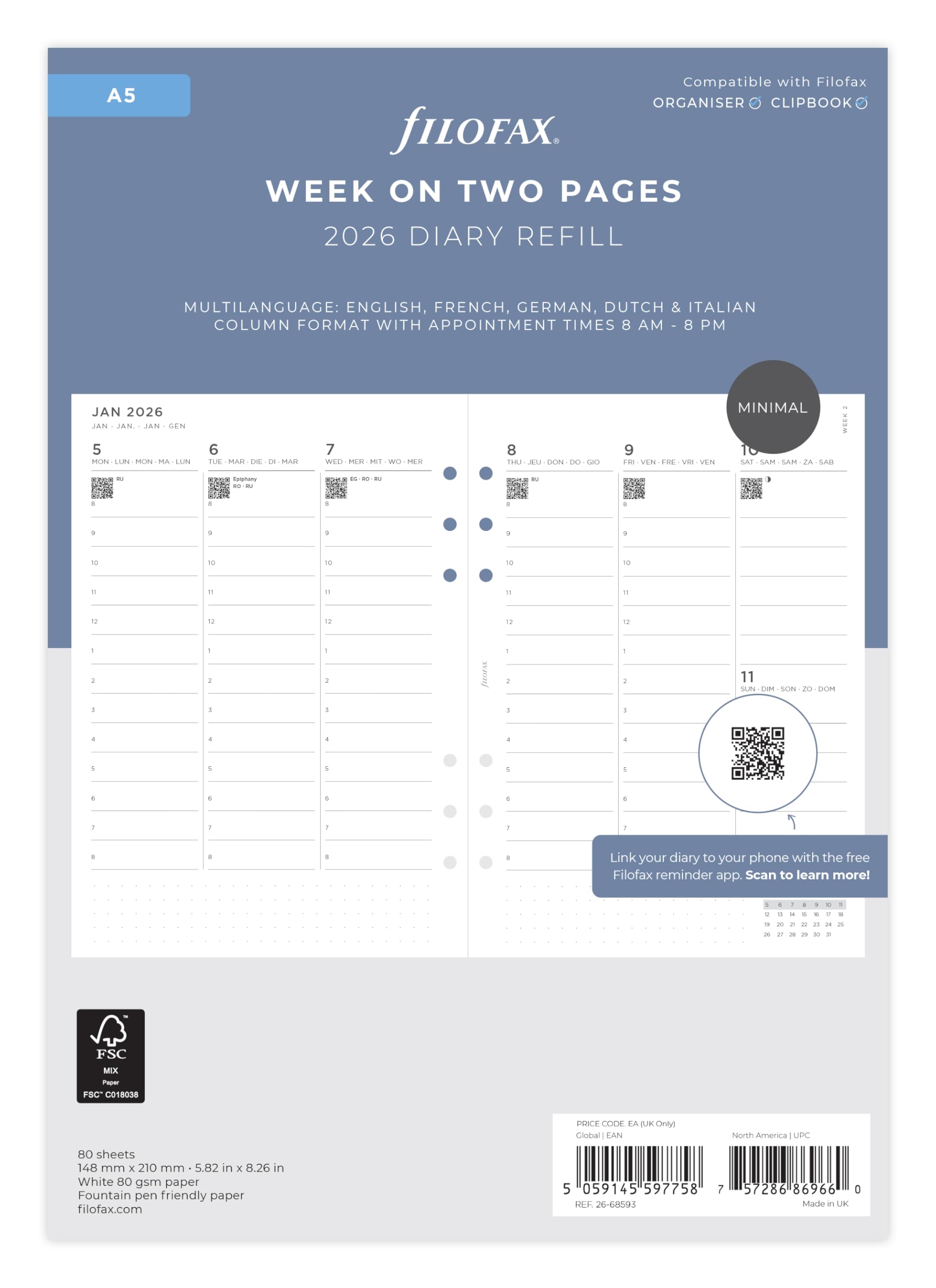 Filofax A5 Minimal week to view with appointments vertical 5 language 2026 diary 26-68593, White