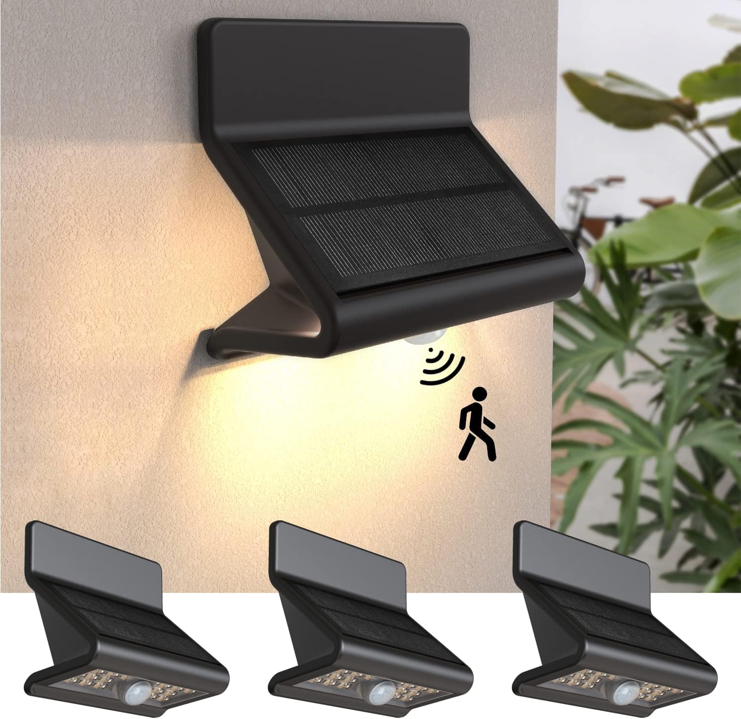 Motion Sensor Outdoor Lights, Solar Wall Light with Optical Lens and 3 Modes Lights, Battery Motion Sensor Security Lights, IP44 Waterproof Solar Lights Outdoor for Garden Patio Yard (4 Pack)