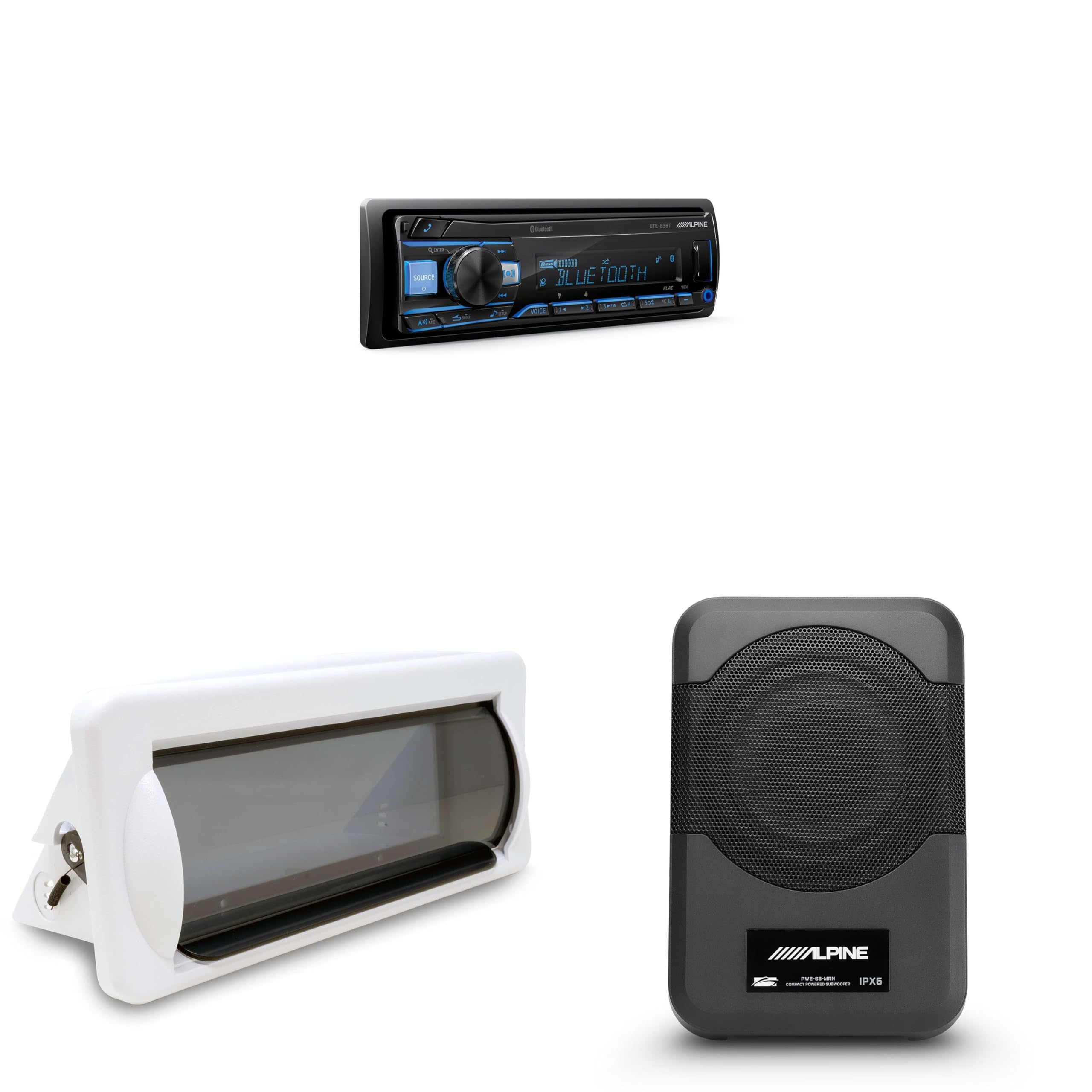 UTE-83BT Bluetooth Marine Radio Kit with CAMC1W White Single-DIN Cover & PWE-S8-MRN Compact 8" Powered Marine Subwoofer by Alpine – Model alpinebdl260508-15