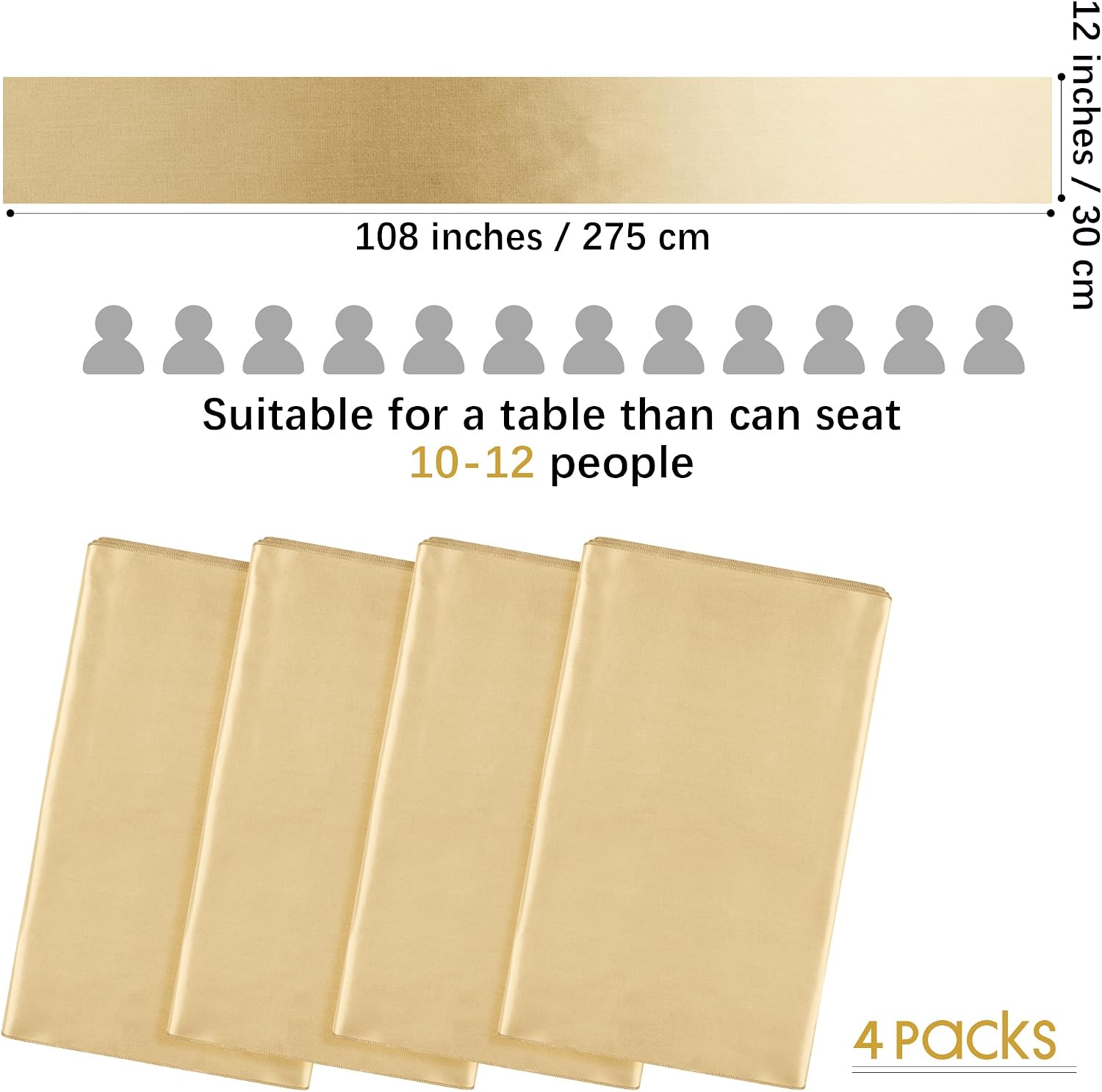 Aneco 12 Pack Satin Table Runner 12 x 108 Inch Champagne Long Wedding Satin Silk Table Runner for Wedding Banquet Graduations Birthday Party Decoration