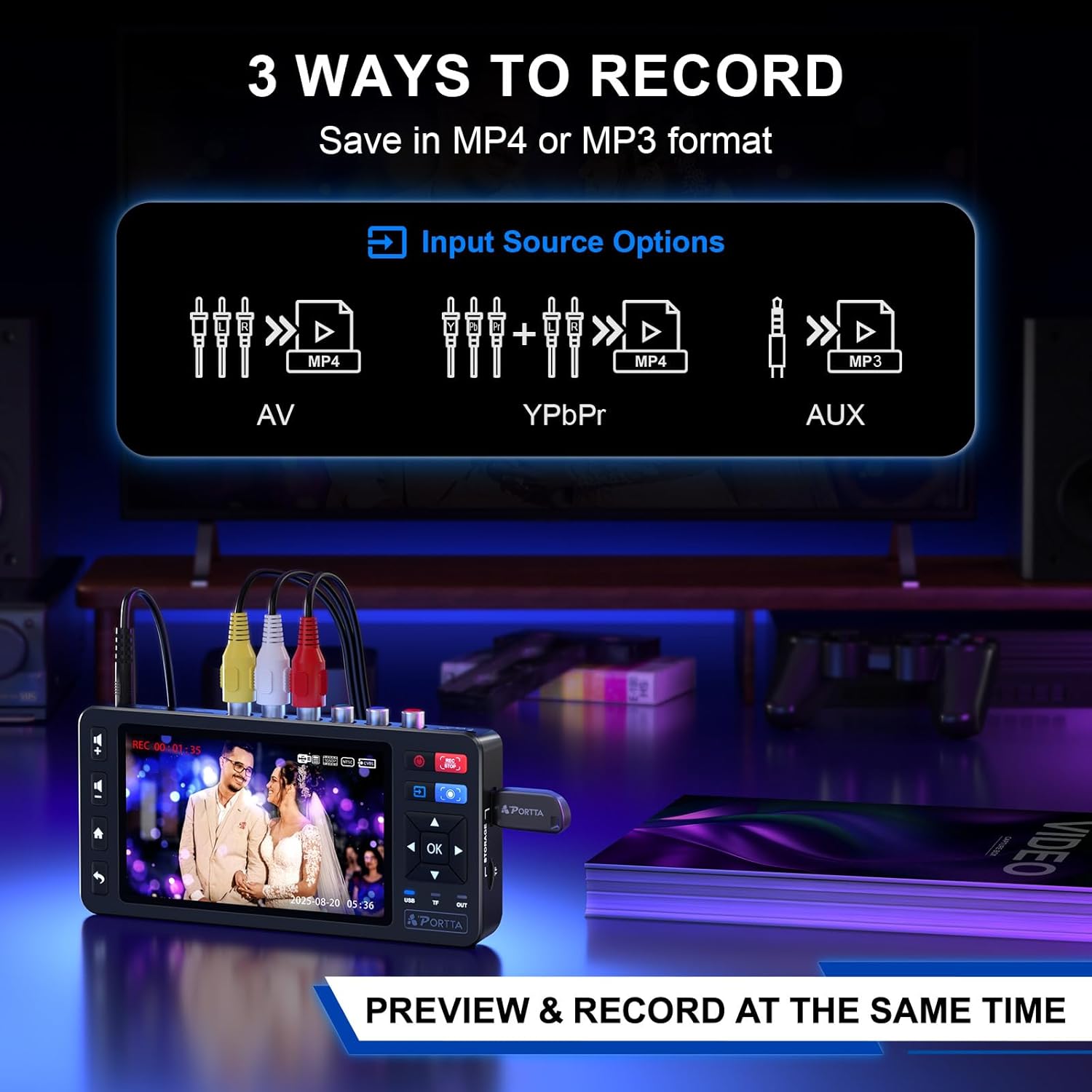 Diagram showing three ways to record with the Portta converter: AV, YPbPr, and AUX