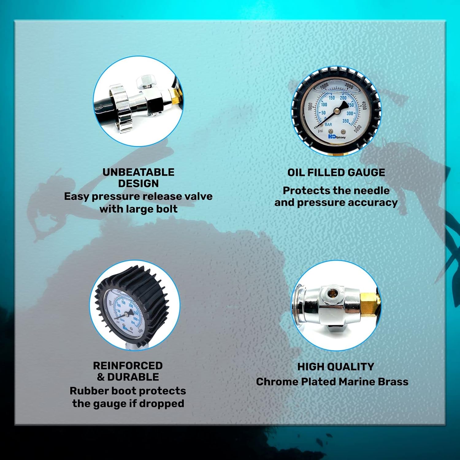 H2ODYSSEY Din Pressure Tester - Scuba Diving Pressure Gauge