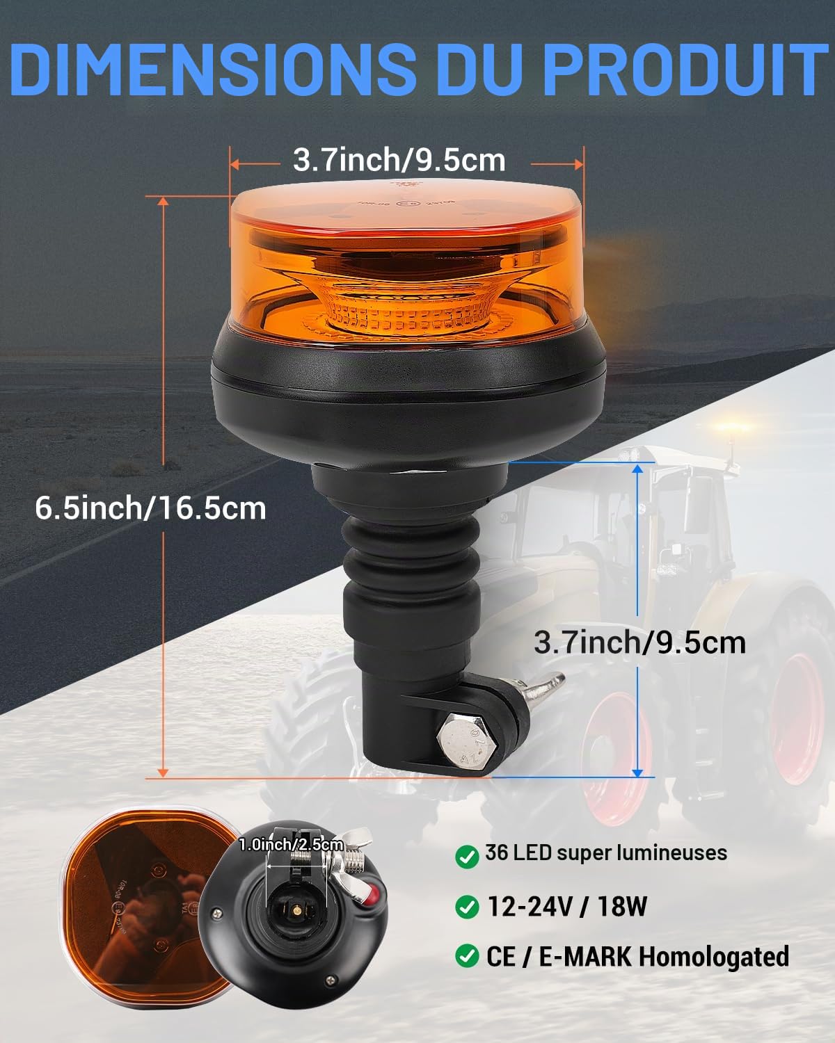 SUPAREE 12/24V Lumière Stroboscopique LED Gyrophare LED Stroboscopique Gyrophare Rotatif avec Interrupteur E-MARK 12 Modes de Flash Ambre pour Véhicules Agricoles Camion Chariots Élévateurs
