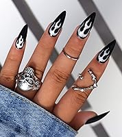 Vista 8 de morily 24 uñas postizas negras a presión, uñas postizas de aguja de longitud media, uñas postizas de almendra, uñas postizas largas acrílicas