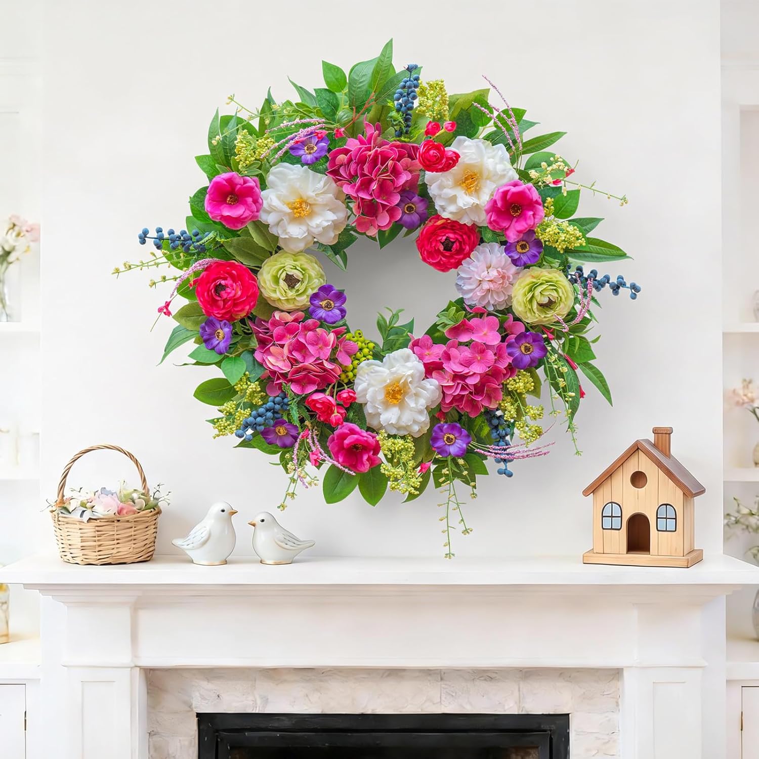 Spring Wreaths for Front Door 24 Inch Lush Spring Door Wreath with Pink Peonies, Roses, White Blooms & Greenery, Garden Style Summer Flower Wreath for Front Porch, Entryway & Wall Window