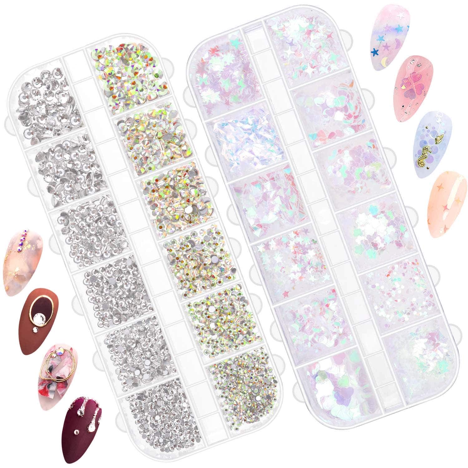 Holographic Nail Sequins with Nail Rhinestones for Nails, Audab Nail Glitter Sequins Nail Decals with Crystals AB Nail Gems Diamonds for Acrylic Nail Art Design and Decorations 12 patterns Nail Sequins Rhinestones
