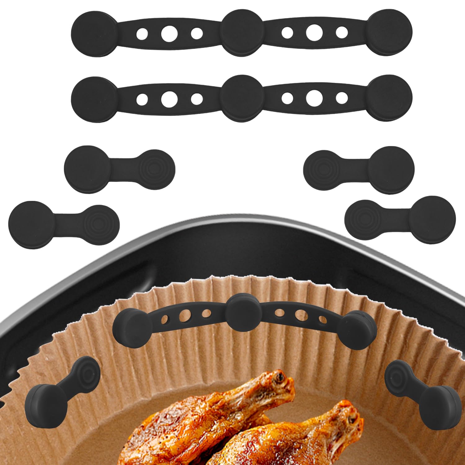 Magnetic Silicone Buckles for Air Fryer Baking Paper, Heat Resistant Fasteners to Secure Liners, Pack of 6 (Black)