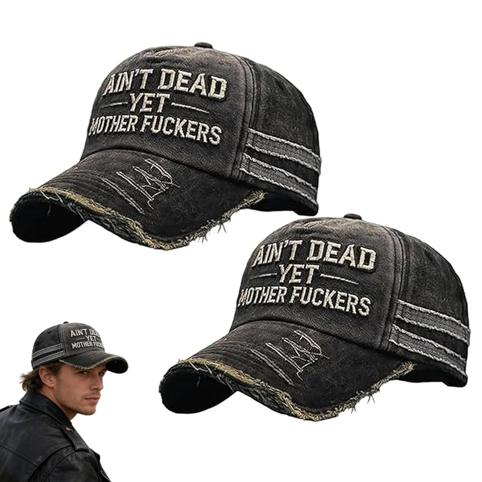 BibYuga Ain't Dead Yet Hat,Vintage Distressed Baseball Cap,Embroidered Adjustable Vintage Distressed Ain't Dead Yet Mother Fuckers Baseball Cap for Humor Lover (2PCS)