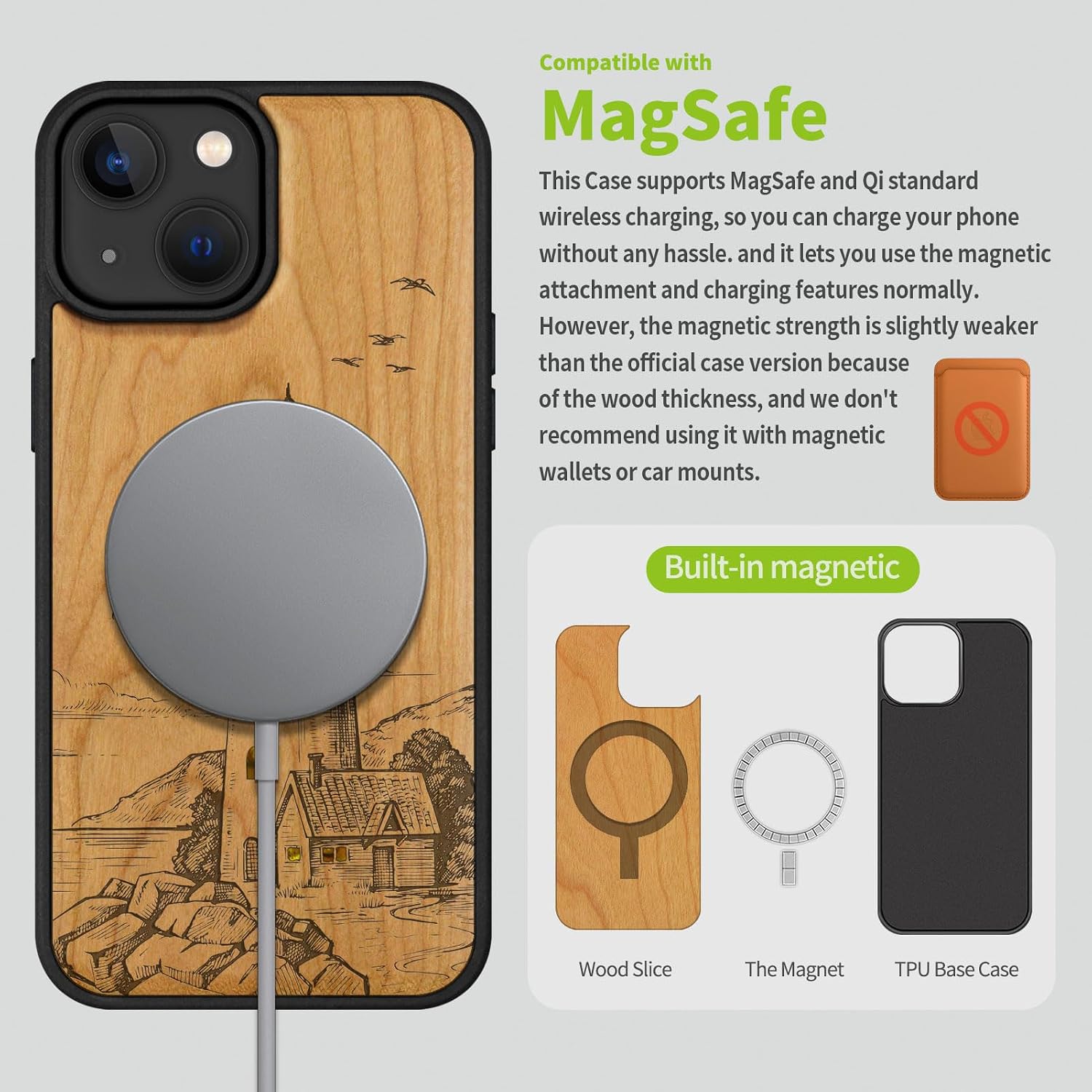 Carveit Designer Wooden Protective Magnetic Case for iPhone 14 Case [Wood Engraving & Shell Inlay] Compatible with iPhone 14 MagSafe (A Flashing Lighthouse-Cherry)