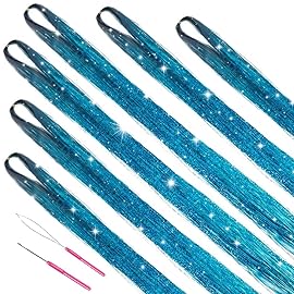 MISSUHUI Hair Tinsel Kit with Tools 47Inch 1200 Strands Glitter Tinsel Hair Extensions Sparkling Shiny Hair Tinsel Strands Fairy Hair Tinsel Strands Kit Heat Resistant for Women Girls 6Pcs (Sky Blue)