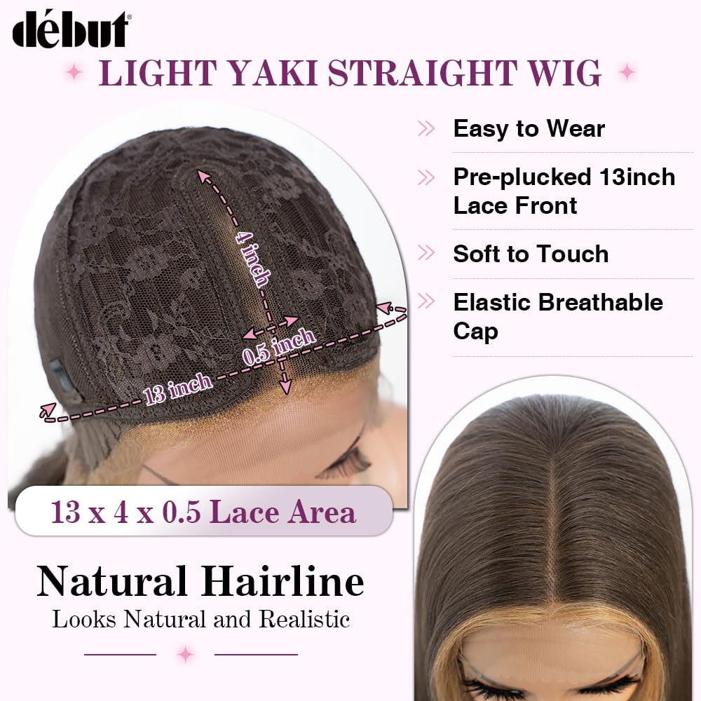 DÉBUT Light Yaki Straight Lace Front Wigs 36 Inches Super Long Wig 13x4x0.5 Middle Part Natural Hairline with Baby Hair Skunk Stripe Brown Blonde Synthetic Wig for Women