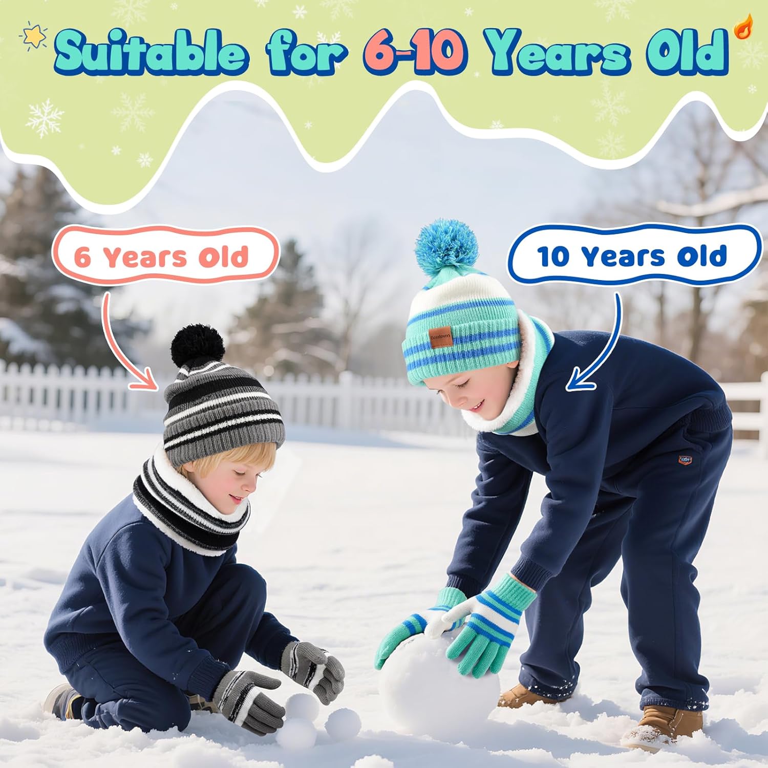 Kids Winter Hat Scarf Gloves: Boys Beanie Hats Gloves Set for Ages 6-10 Warm Thick Fleece Lined Winter Set Knit Cap Snow Ski - Image 5