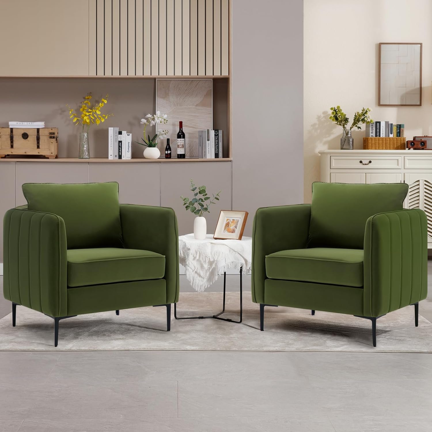 Green Accent Chairs, Velvet Upholstered Living Room Chairs with Metal Legs and Pillow, Mid-Century Modern Armchair for Bedroom Office, Single Sofa Side Chair for Reading