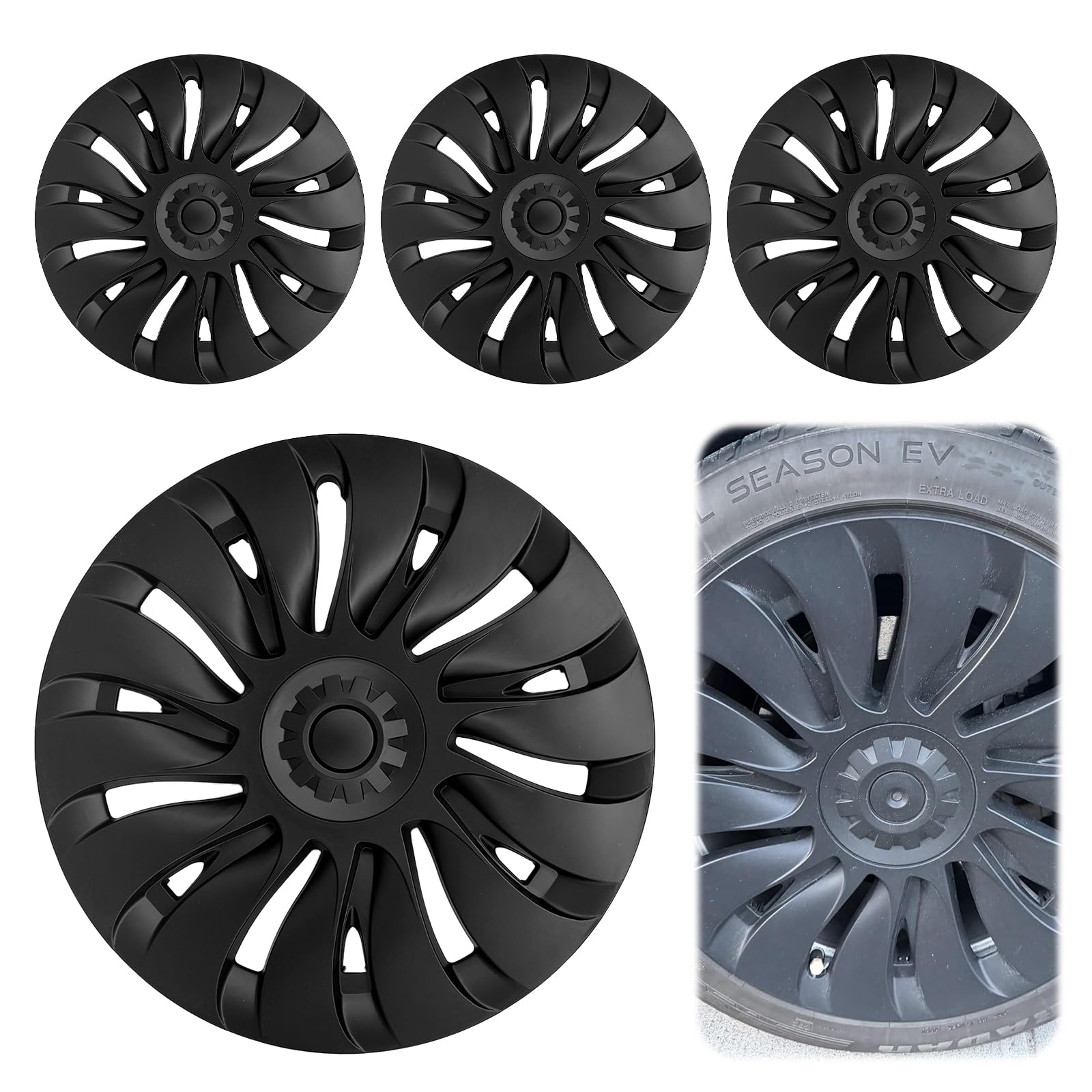 Tesla Model Y Wheel Covers 2020–2024, Full Fit Hubcaps with Left-Right Aero Symmetry, Matte Black ABS+PC, Reduced Wind Drag, Snap-On Install, Includes Tire Repair Kit (19 Inch 14-Spoke)