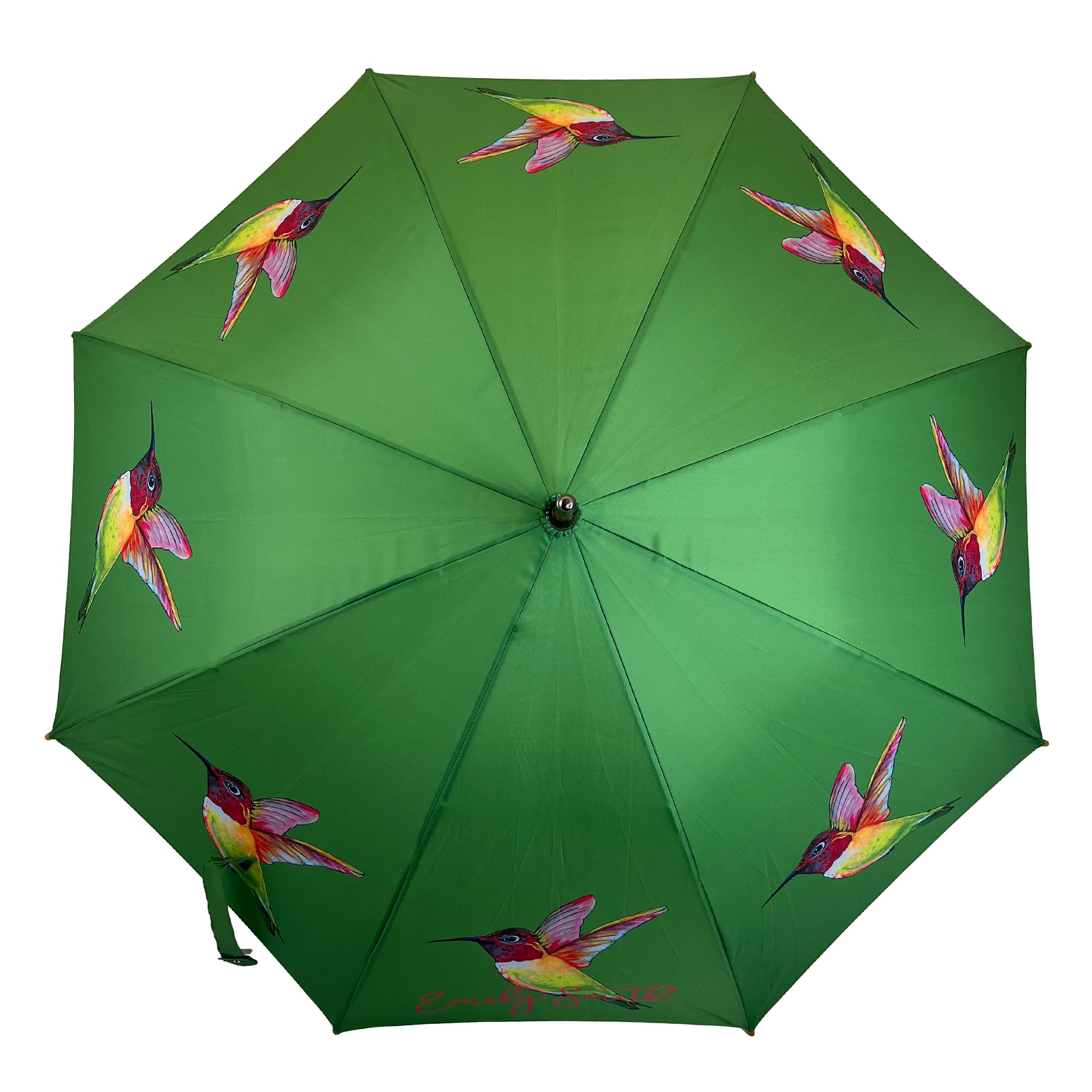 Emily Smith Green Umbrella - Hermione The Hummingbird - Wood Shaft & Handle - Pongee Canopy