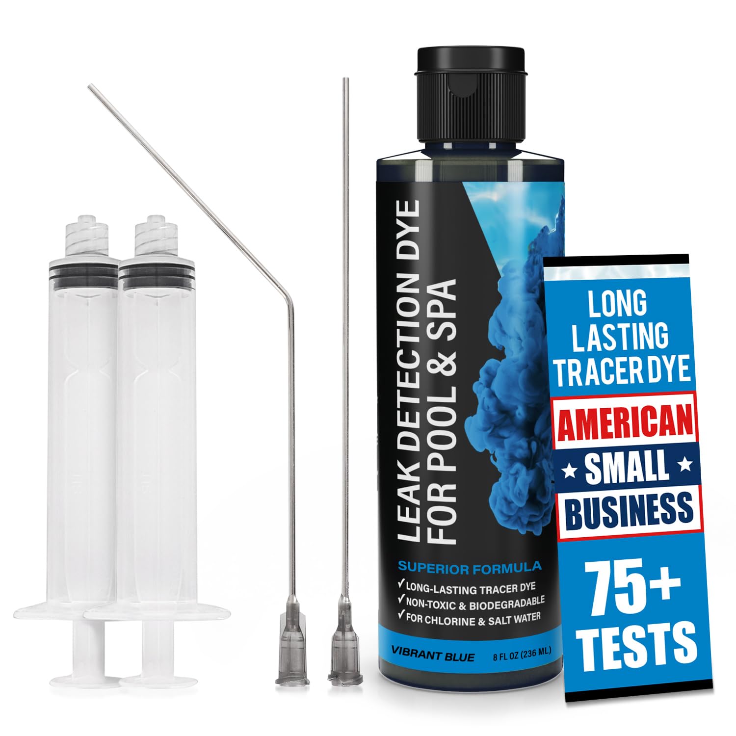Pool Leak Detection Dye Kit - with 2 Precision Applicators - 75+ Tests - Superior Long Lasting UV Pool Dye Easily Locates Leaks - for All Pool, Spa, & Hot Tub Types - 8 OZ (Vibrant Blue)