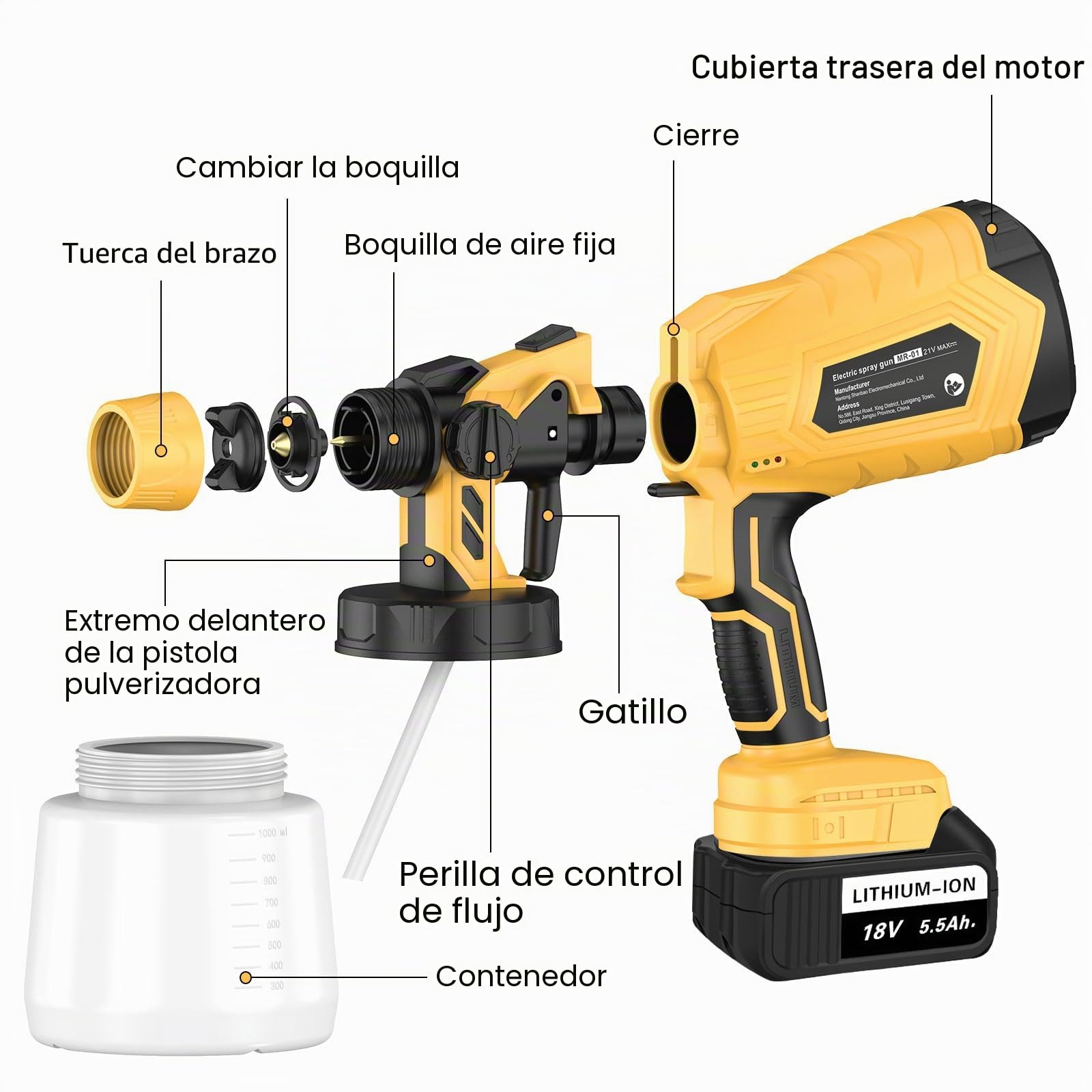 Pistola de Pintura Eléctrica con 2 x 5500mAh Batería, ASUNCELL Pistolas para Pinturas de Flujo Ajustable de 1000ml para Vallas, Paredes, Techos, 4 Boquillas y 3 Modelos (Amarillo)