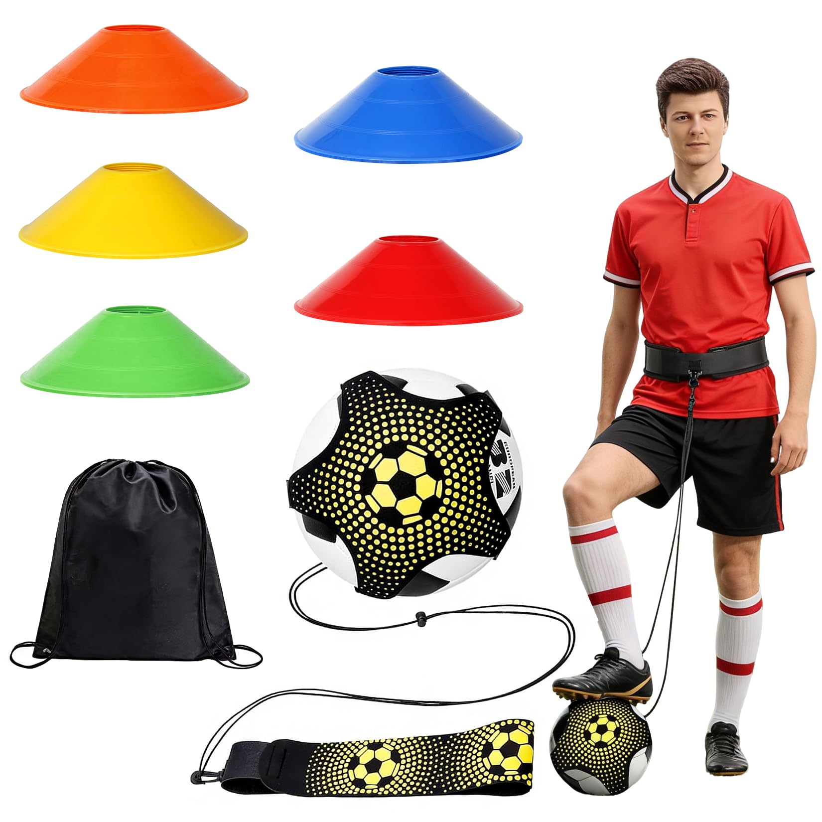 PIANKEKE Kit Matériel Entraînement Football Accessoire: Plot Sport, Ceinture Entraînement, 12 cônes et Sac de Rangement. Convient aux Ballons de Tailles 3/4/5, pour développer compétences des garçons - 1