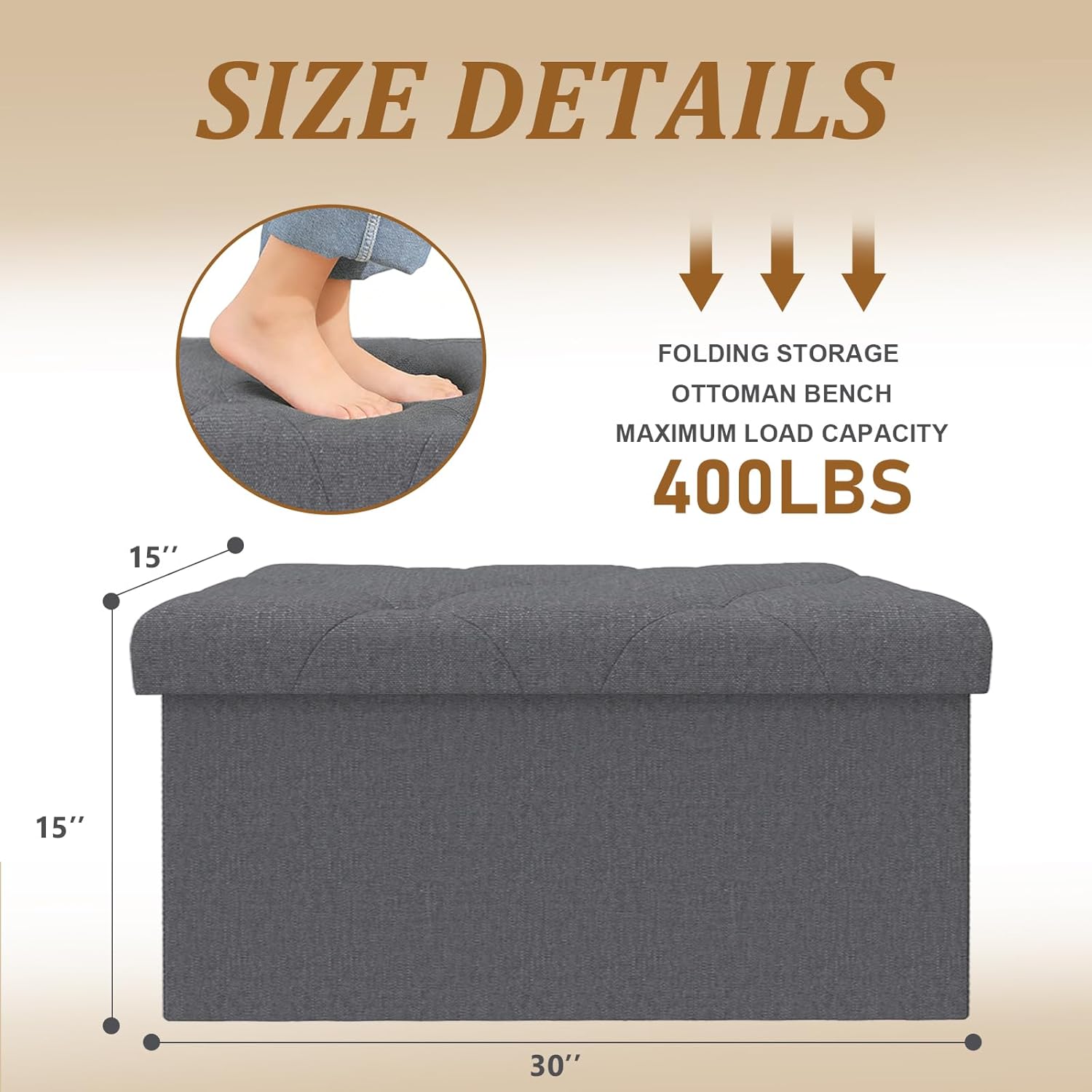 Folding Ottoman with Storage Bench,Storage Ottoman Bench,30 Inches Ottoman Foot Rest,End of Bed Bench,Support 660LBS Foot Rest Stool for Living Room,Bedroom,Home Office,Dark Gray(30Wx15Dx15H - Image 2